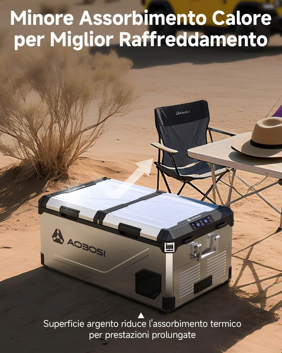 AAOBOSI Frigo Portatile Doppia Zona 75L, Scocca Acciaio Inox & Interno in Alluminio Stampato, 12/24V & 100-240V, Frigo Da Campeggio APP Controllo,Frigorifero Per Auto, Camper，Nautica. Contenitore