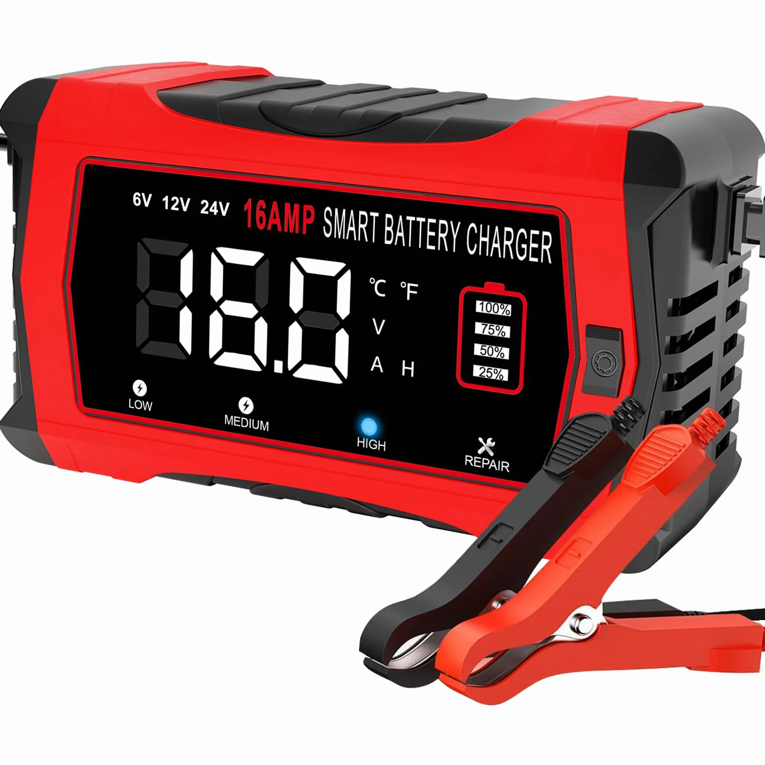 HTRC Caricabatterie Auto 16A 6V/12V/24V Intelligente LCD 4 Modalità per Barche SUV Moto Litio LiFePo4 Piombo Acido