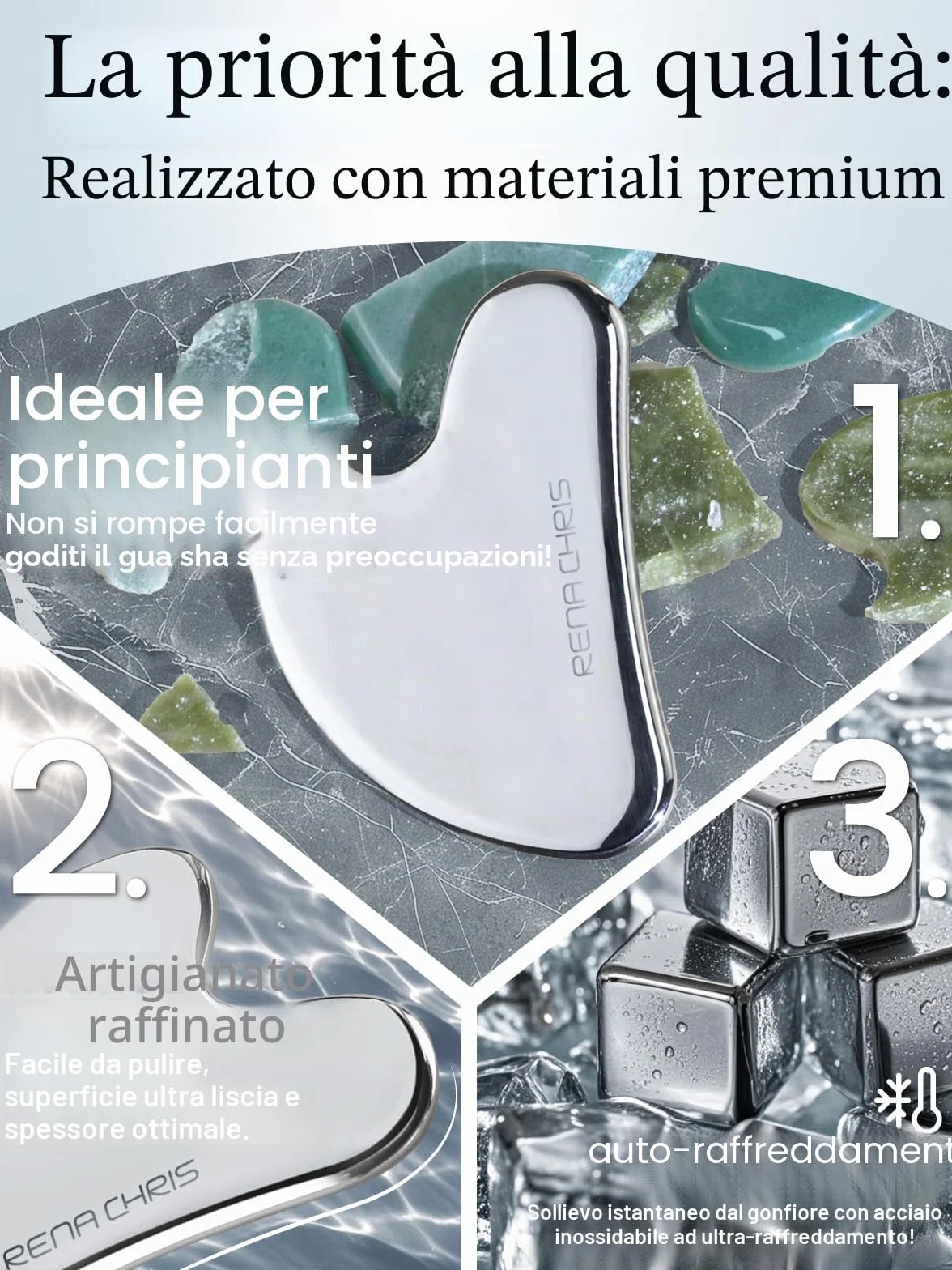 Rena Chris Gua Sha Viso Acciaio Inox per Scolpire il Mento Ridurre Gonfiore Argento
