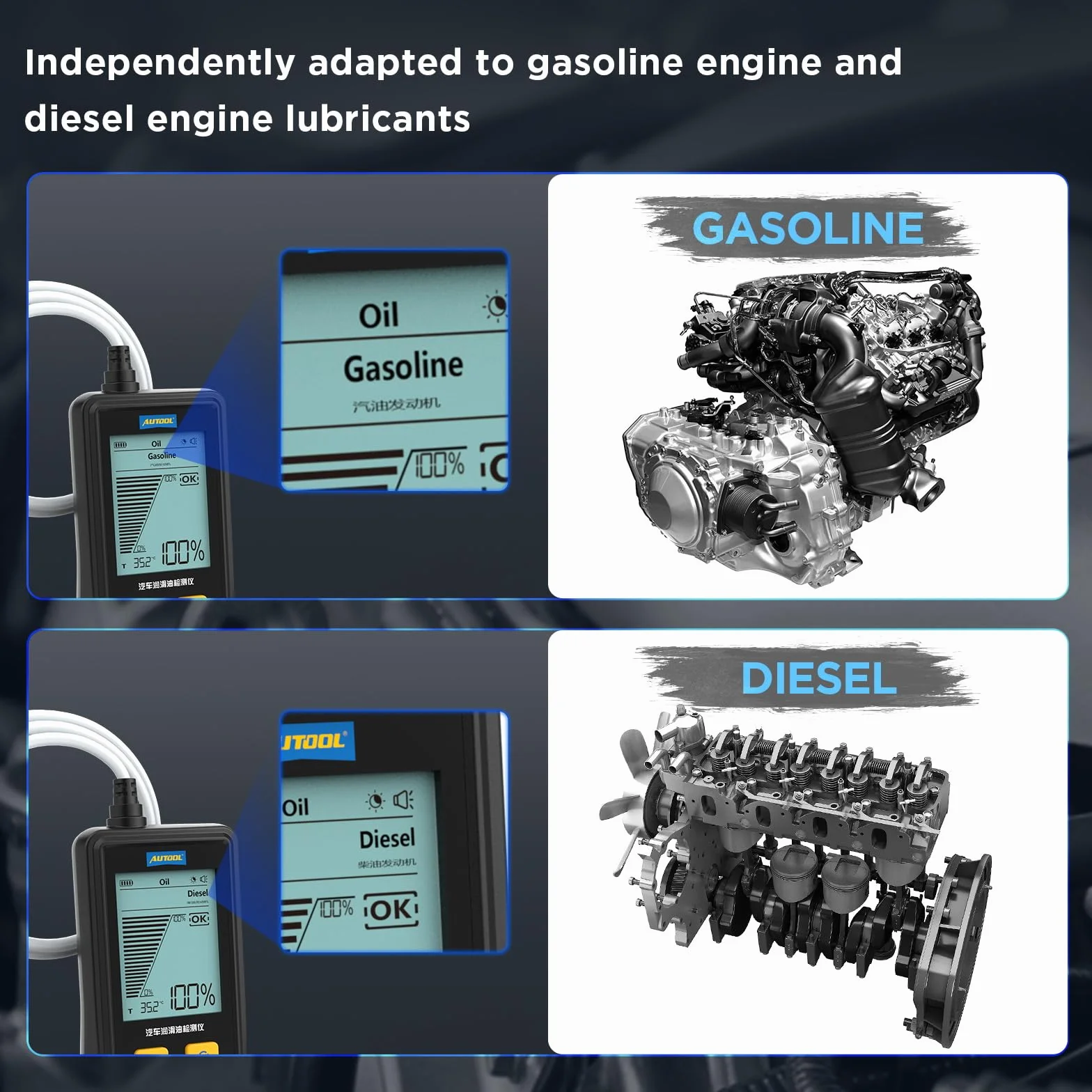 AUTOOL Tester per Olio Motore, Kit per la Qualità dell'olio Motore a Benzina e Diesel, Test Rapido di Trasmittanza e Temperatura, Engine Oil Tester con Sonda Flessibile da 31,5 Pollici (AS503)