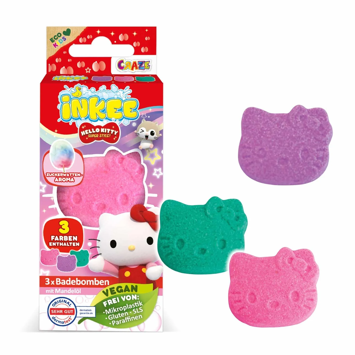 Hello Kitty INKEE Mini Pack 3 Pompe Da Bagno Bambini Forme Aromi Zucchero Filato