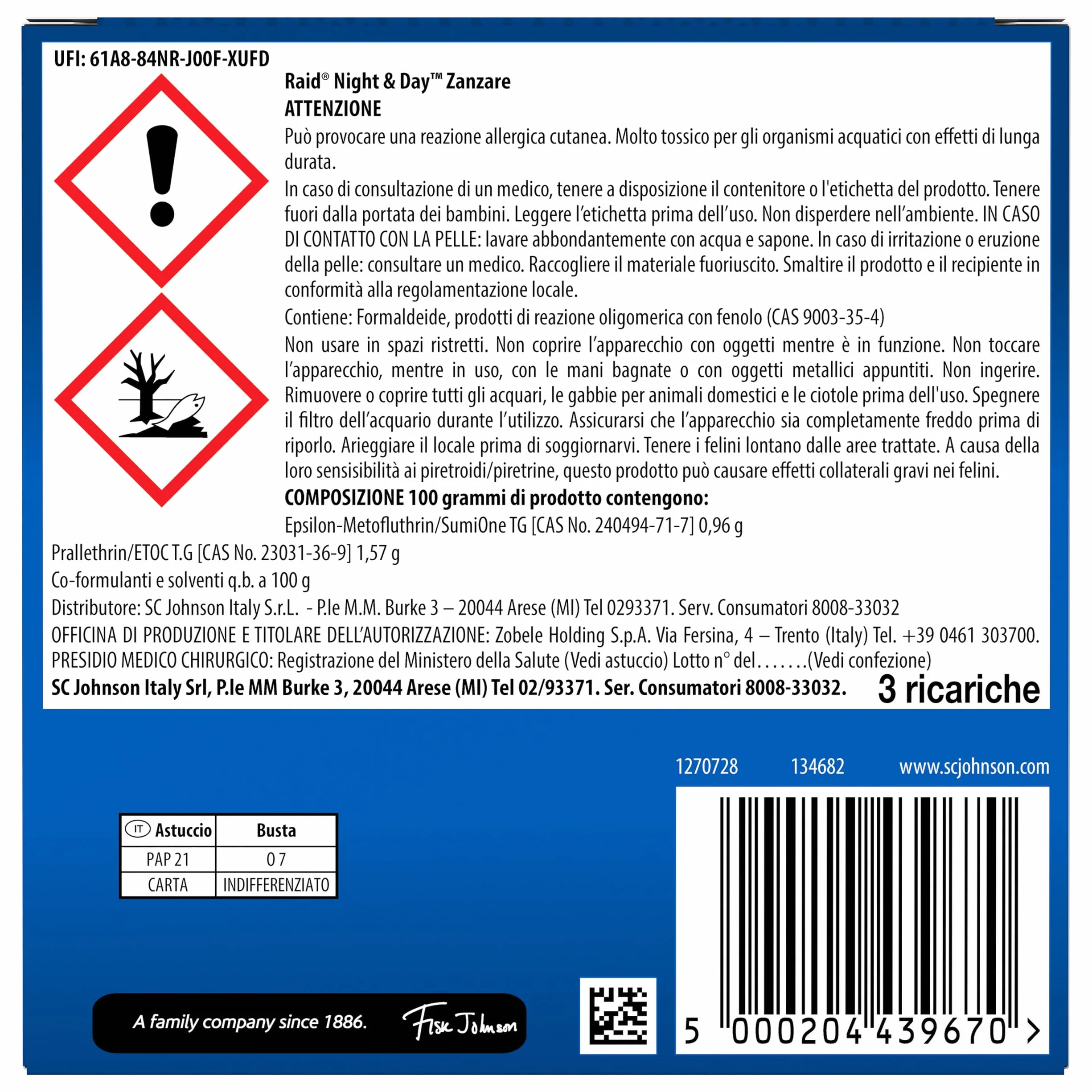 Raid Night & Day Ricarica Antizanzare Repellente Zanzare Inodore a Sabbia Compressa, Confezione da 3