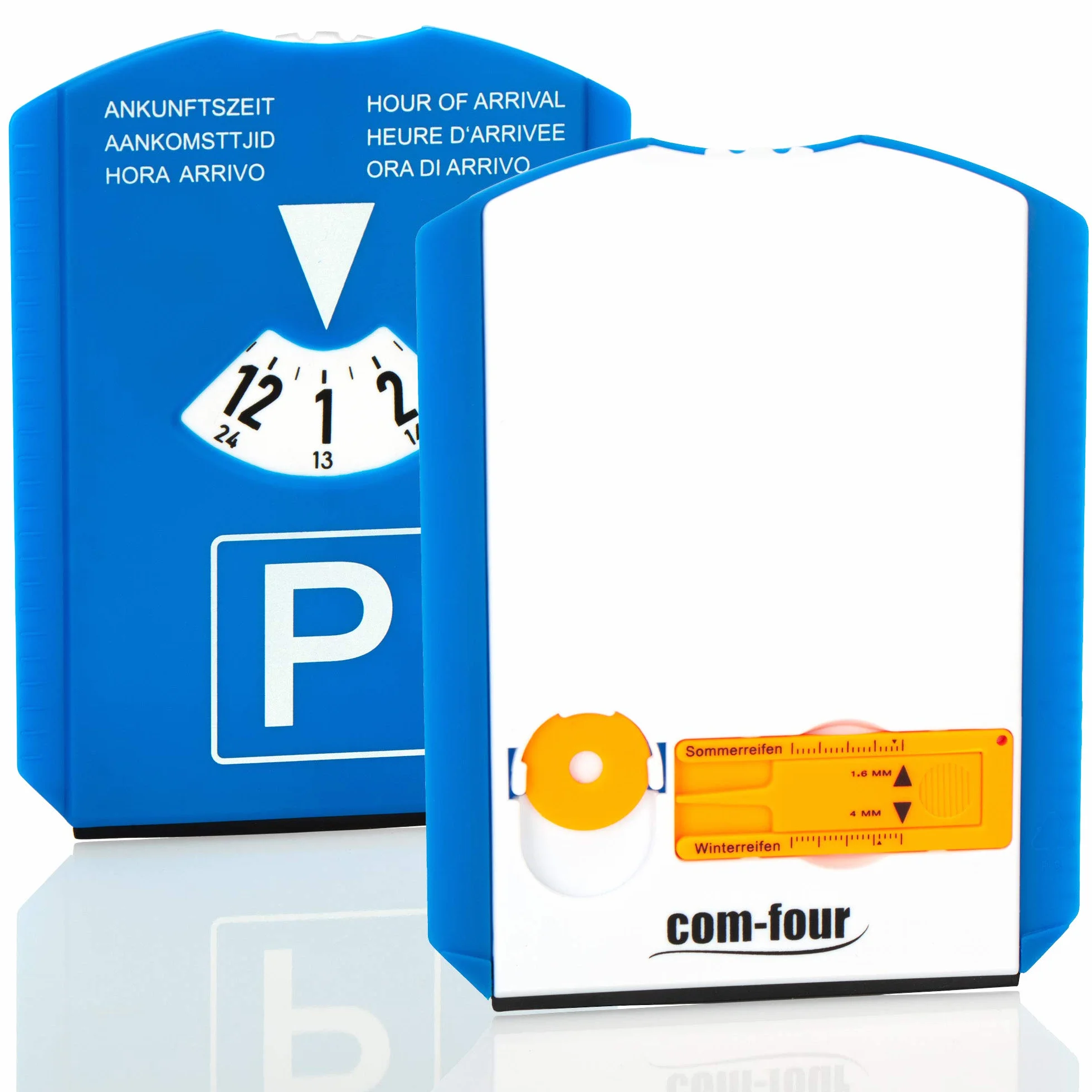 com-four® 2X Disco di Parcheggio con Raschia-Ghiaccio, Labbro di Gomma, Chip Carrello Spesa e Misuratore Battistrada - Parchimetro in Plastica (02 Pezzi)