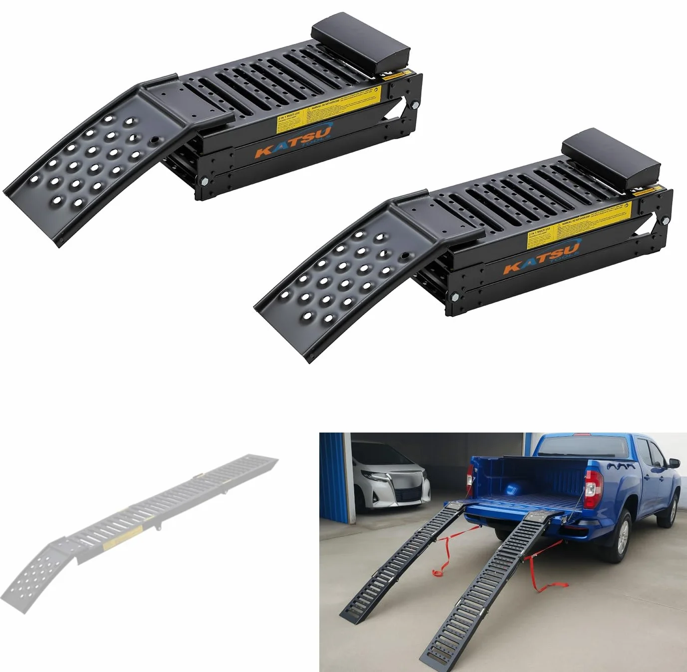 KATSU Tools Rampe pieghevoli in acciaio 2 in 1, confezione da 2, resistenti e a doppio uso, 200 x 23 x 5 cm, carico massimo 500 kg, portatile, ideale per moto, trattori, furgoni, quad e molto altro