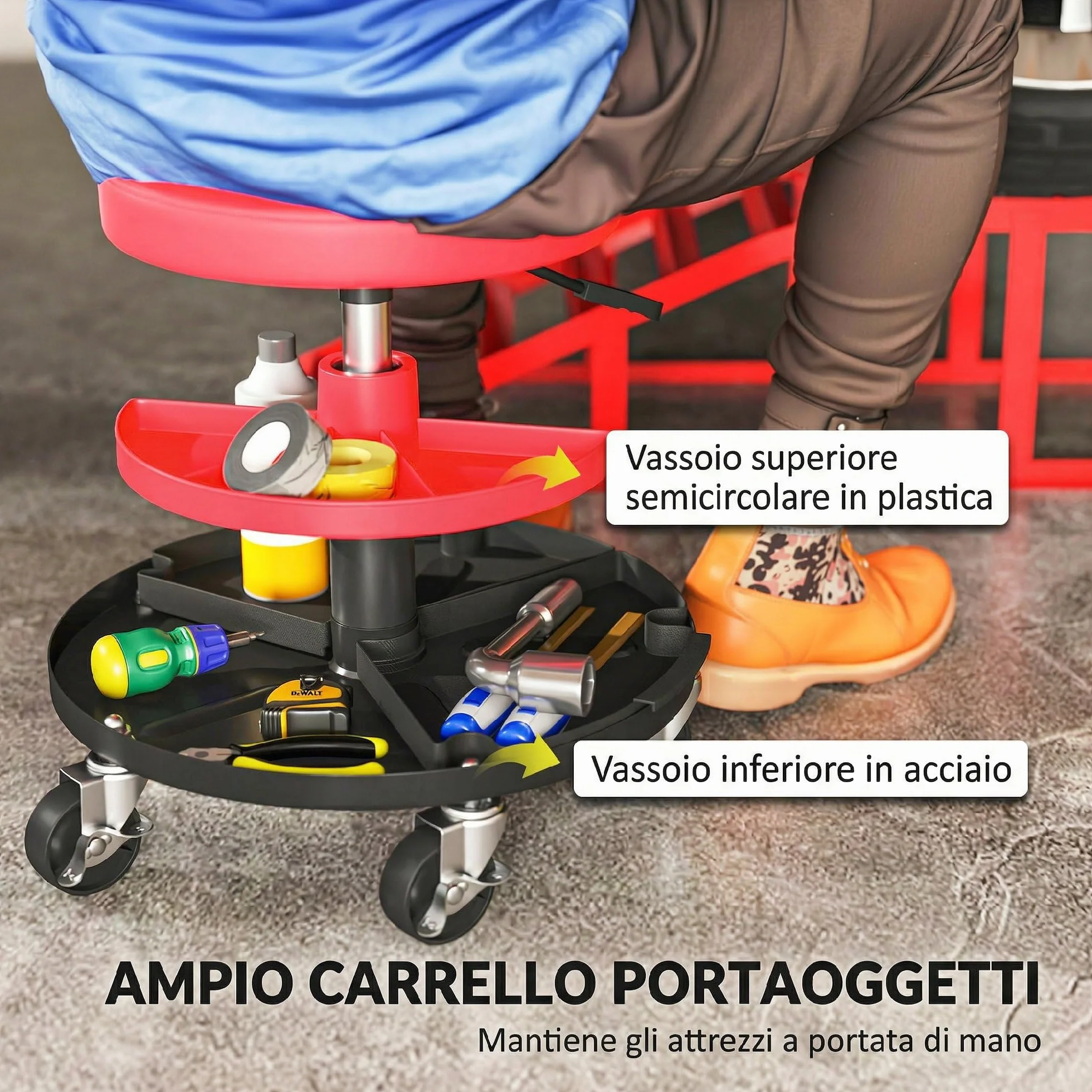 HOMCOM Sgabello da Officina con Ruote, Altezza Regolabile 40-51 cm, Sedile Imbottito, Capacità 135 kg, Rosso