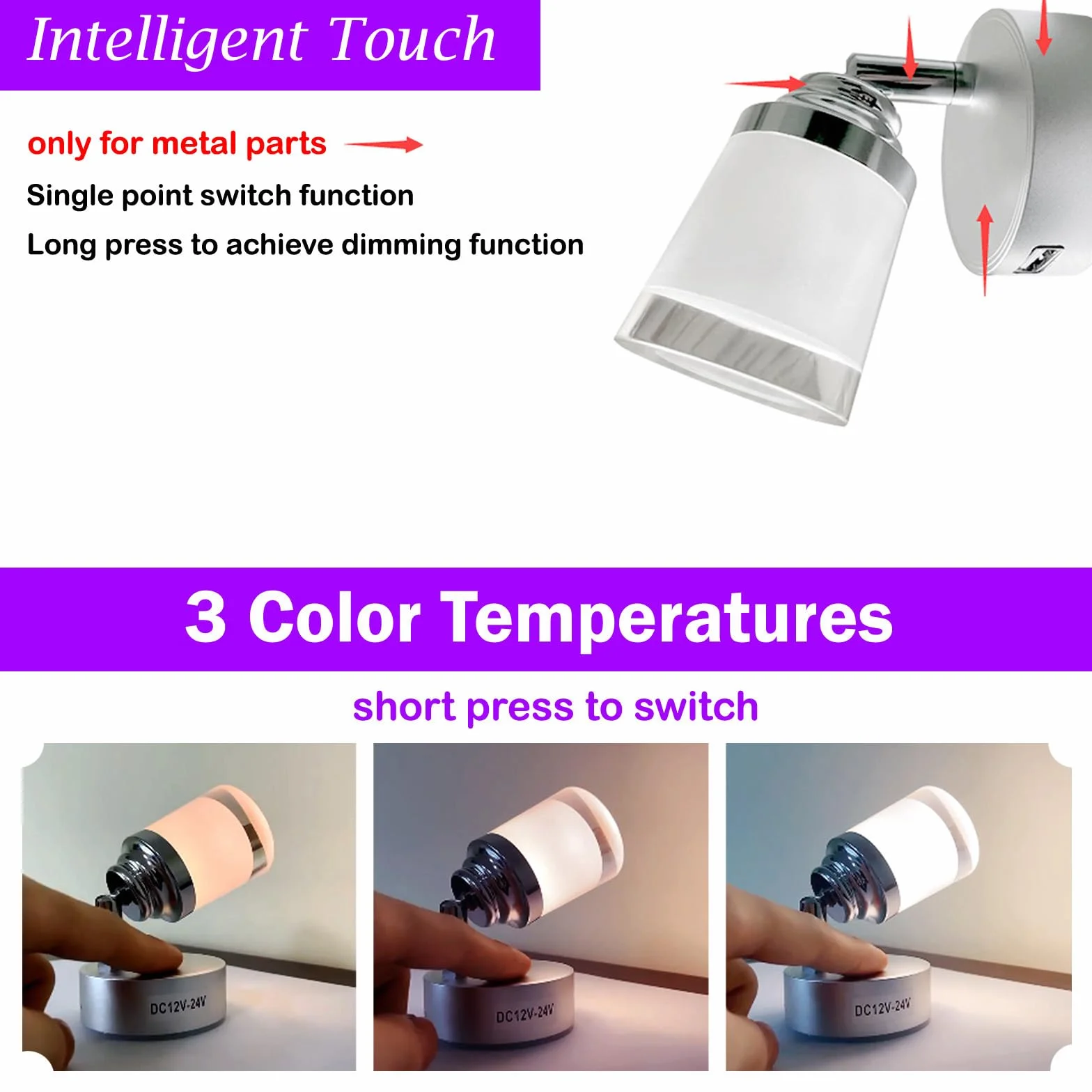 12V LED Reading Lamp Caravan with USB 3W Dimmer Touch Switch White Yellow Warm Light DC12-24V Campervan RV 2 Pack
