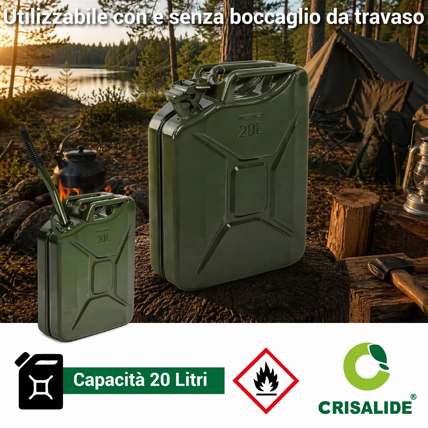Crisalide Tanica Carburante Acciaio 20L Omologata Benzina Gasolio Antiruggine Chiusura Ermetica