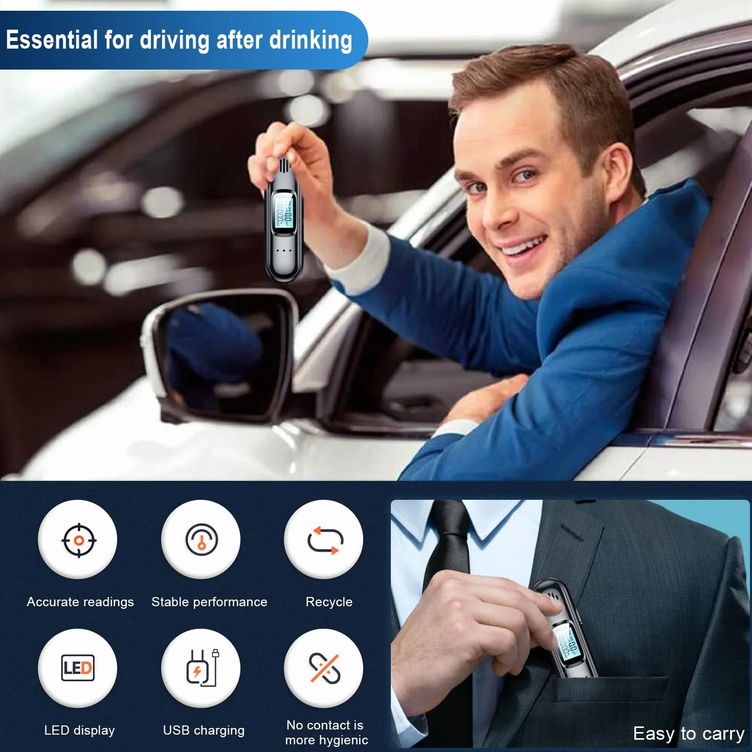 Etilometro Portatile,Etilometro Ricaricabile con Display LCD Digitale Blu, Etilometro con Sensore Portatile per Uso Personale E Professionale (Non è Necessaria La Cerbottana)