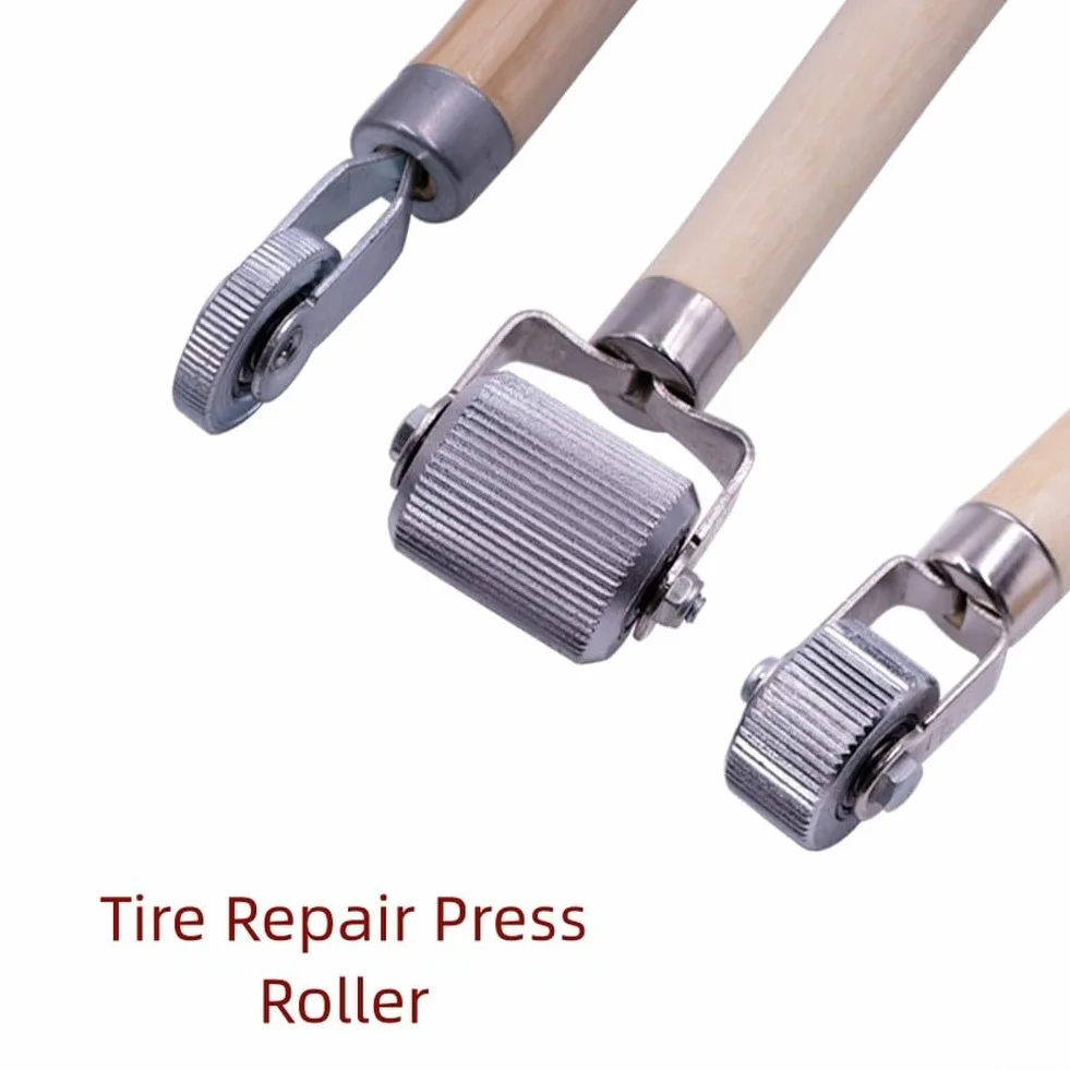 Rullo di compattazione per riparazione pneumatici con manico in gomma in legno, strumento applicatore di patch in acciaio inox, strumento per sigillare patch a freddo e resistenza alle alte