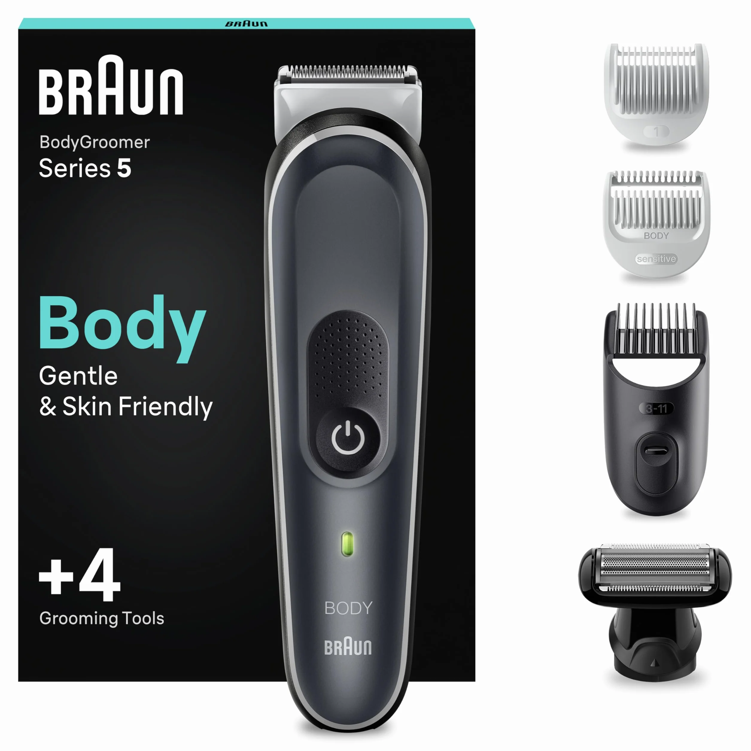 Braun Series 5 Rasoio Elettrico Corpo Uomo BG5360, SkinShield, 100 Min Autonomia Senza Fili, Pettini 1-11mm