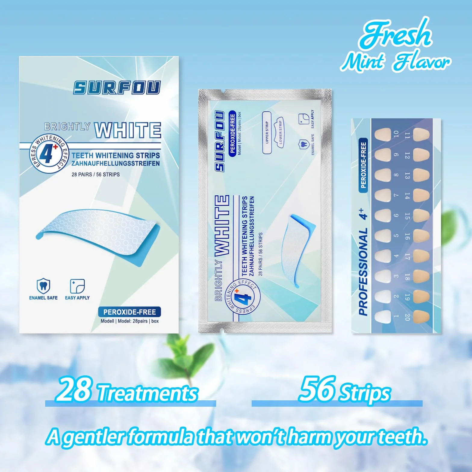 SURFOU Kit Strisce Sbiancanti Denti 56 Pezzi - Teeth Whitening Strips Professionale, Sbiancamento Rapido e Delicato, Senza Perossido per Denti Sensibili