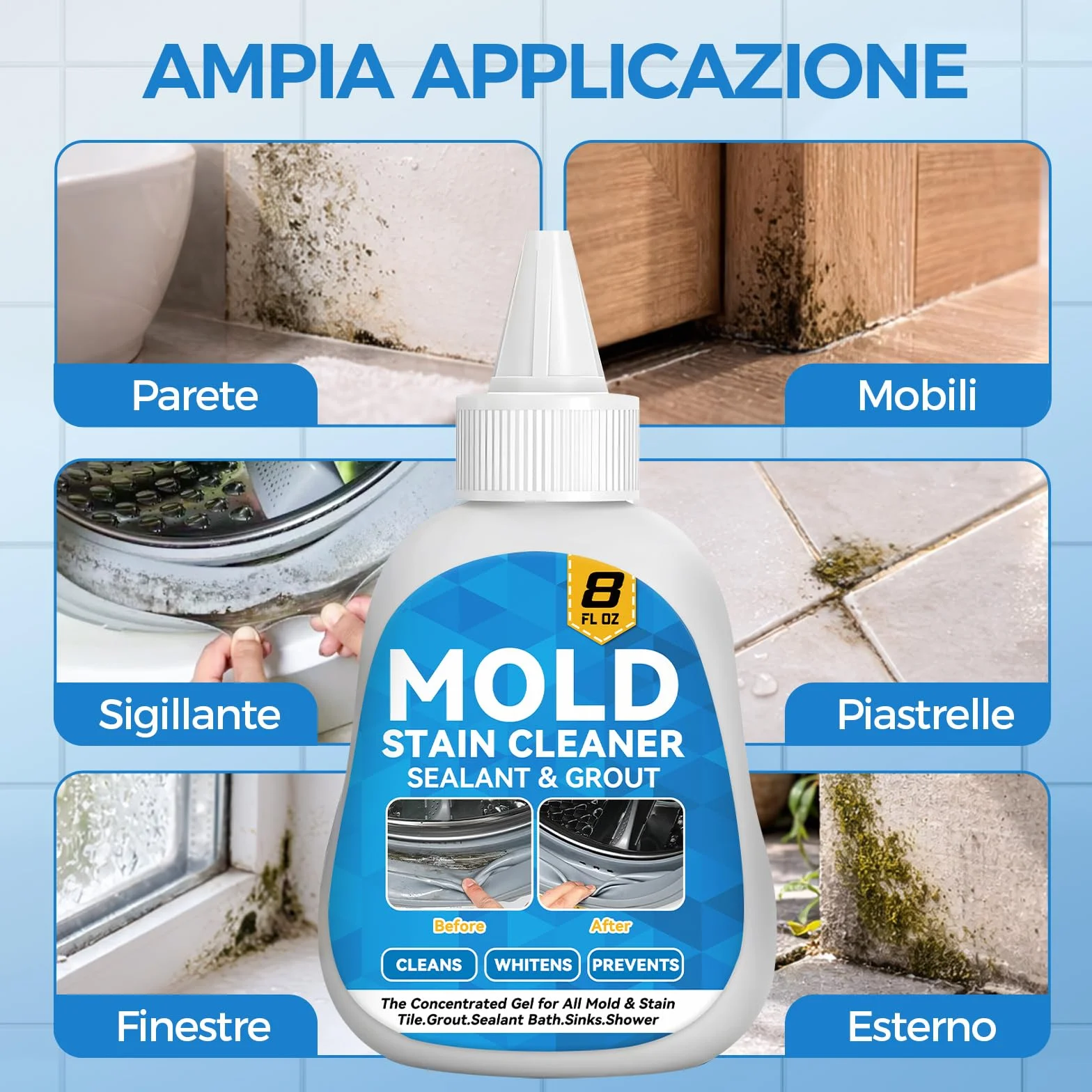 Gel Antimuffa con Spazzola 220 g Mold Remover per Muffa Ostinata per Muri Interni Bagno Cucina Doccia Piastrelle