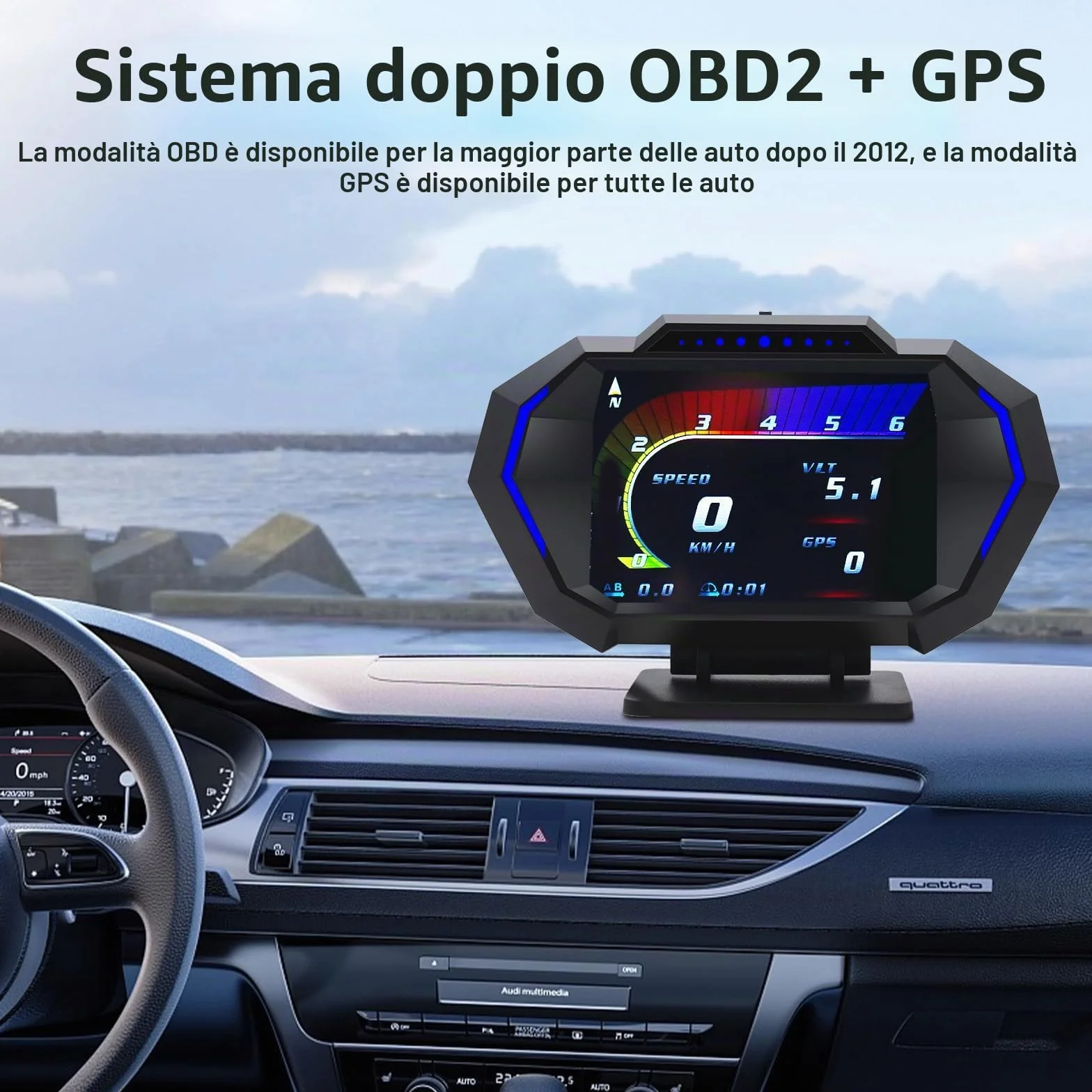 KAOLALI Auto Head up Display OBD2+GPS HUD Tachimetro Digitale Universale con Supporto a Ventosa, Tachimetro Intelligente con Avviso di Velocità, Promemoria Fatica, KMH/MPH per Tutte le Auto