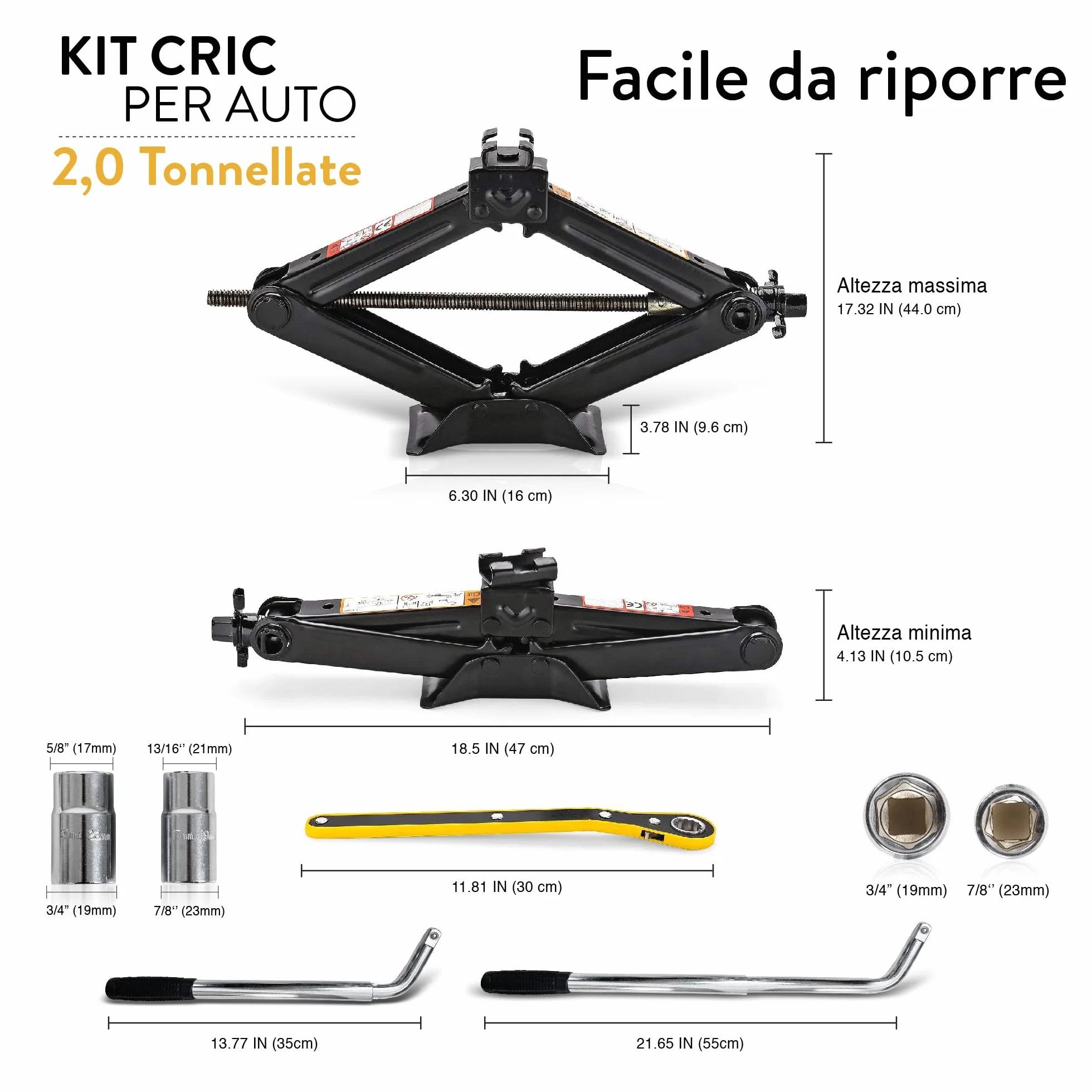 Cric a forbice per auto 2 tonnellate portatile per SUV e auto con chiave inglese