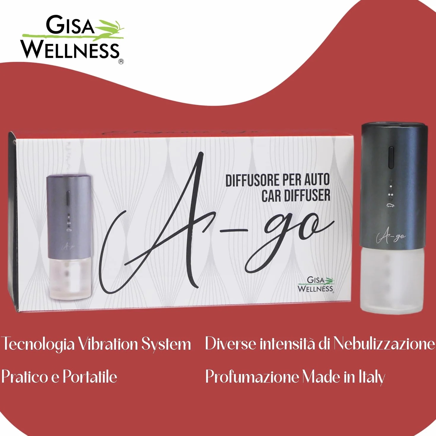 Gisa Wellness A-GO ELEGANCE Diffusore per Auto 12 ml con Batteria Ricaricabile Fragranza Agrumata Oli Essenziali Tecnologia Vibration System
