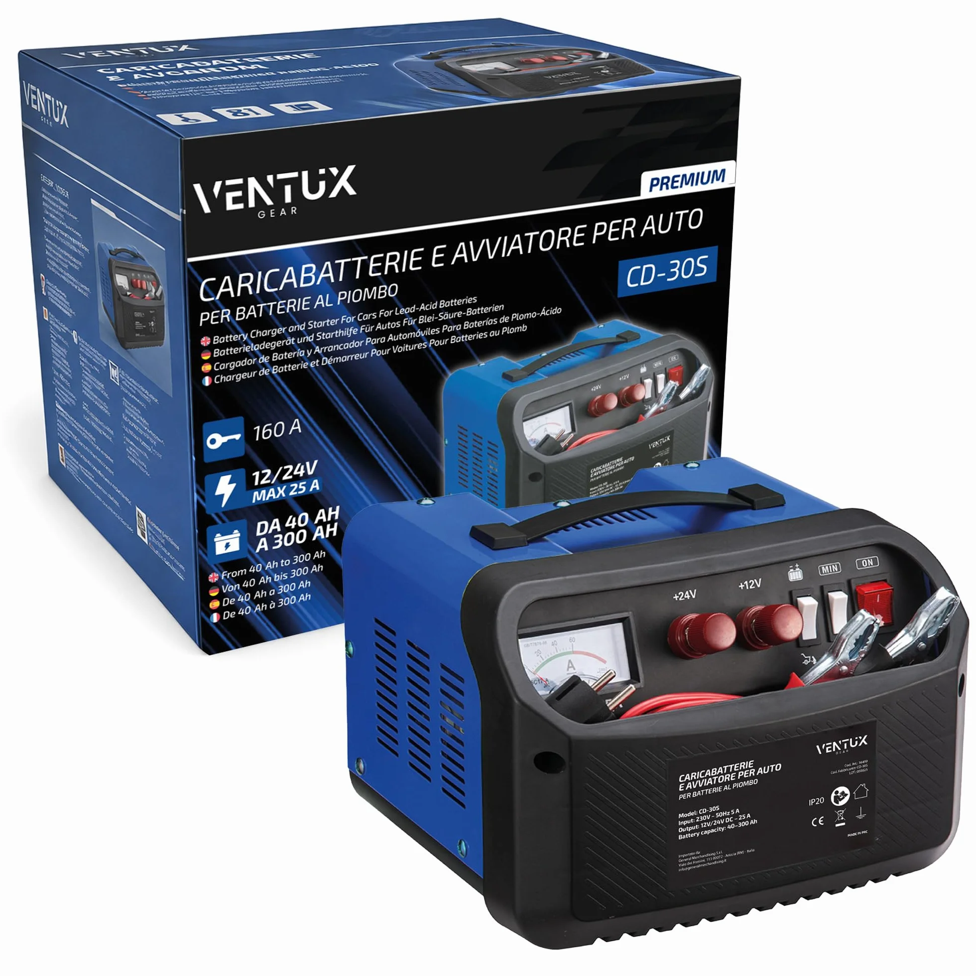 Caricabatterie e avviatore 12V/24V Ventux Gear CD-30S – Per Batterie al Piombo, Funzione Start 160A/260A, Amperometro Analogico, Protezioni di Sicurezza, Uso Auto e Officina