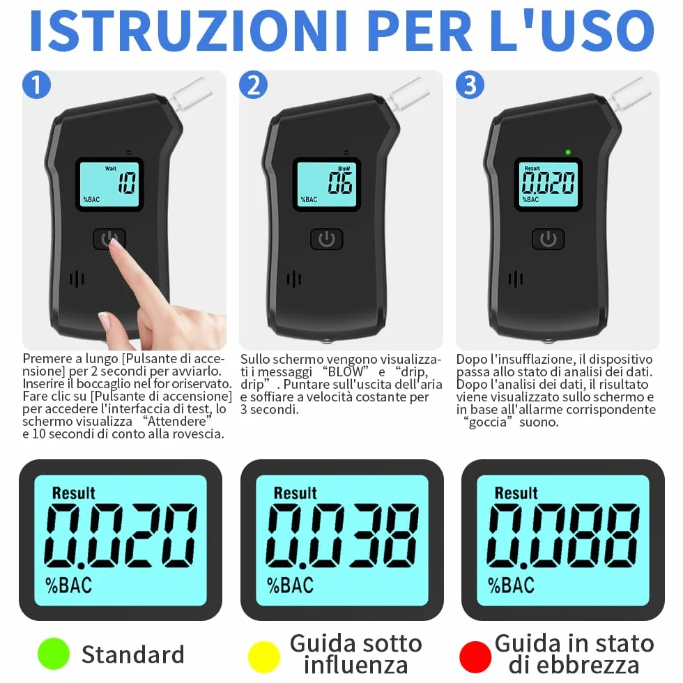 Etilometro Portatile Certificato,Etilometro Professionale con Display Digitale LCD e Chip ad Alta Sensibilità,Precisione di Grado,Alcool Test Portatile per Uso Domestico e Professionale con 20 Beccucc