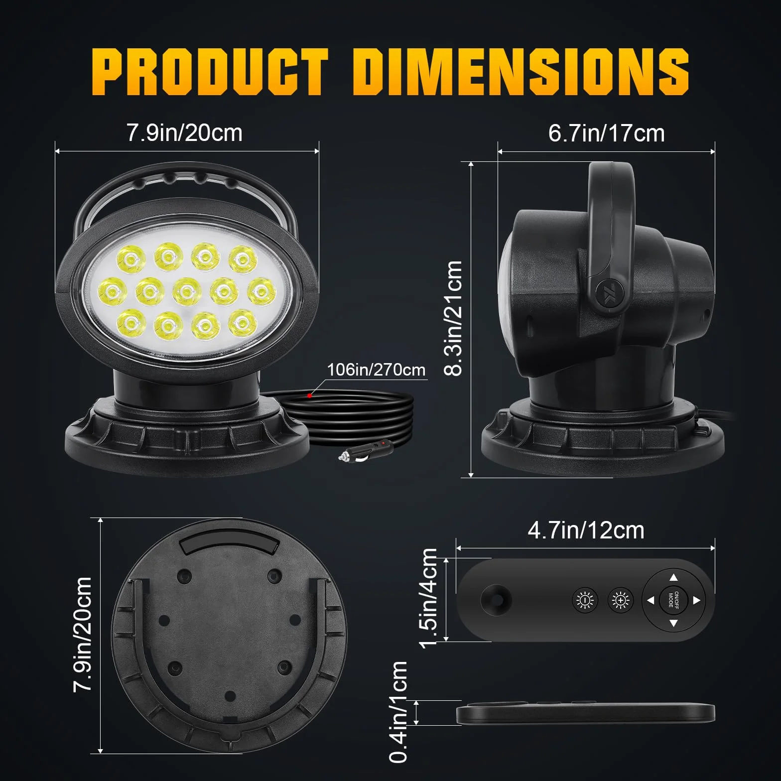 PICAA Emergenza Faro da ricerca Led luce da lavoro 38W, Base magnetica portatile, Rotazione a 360°, Lampada a led con telecomando 12V 24V