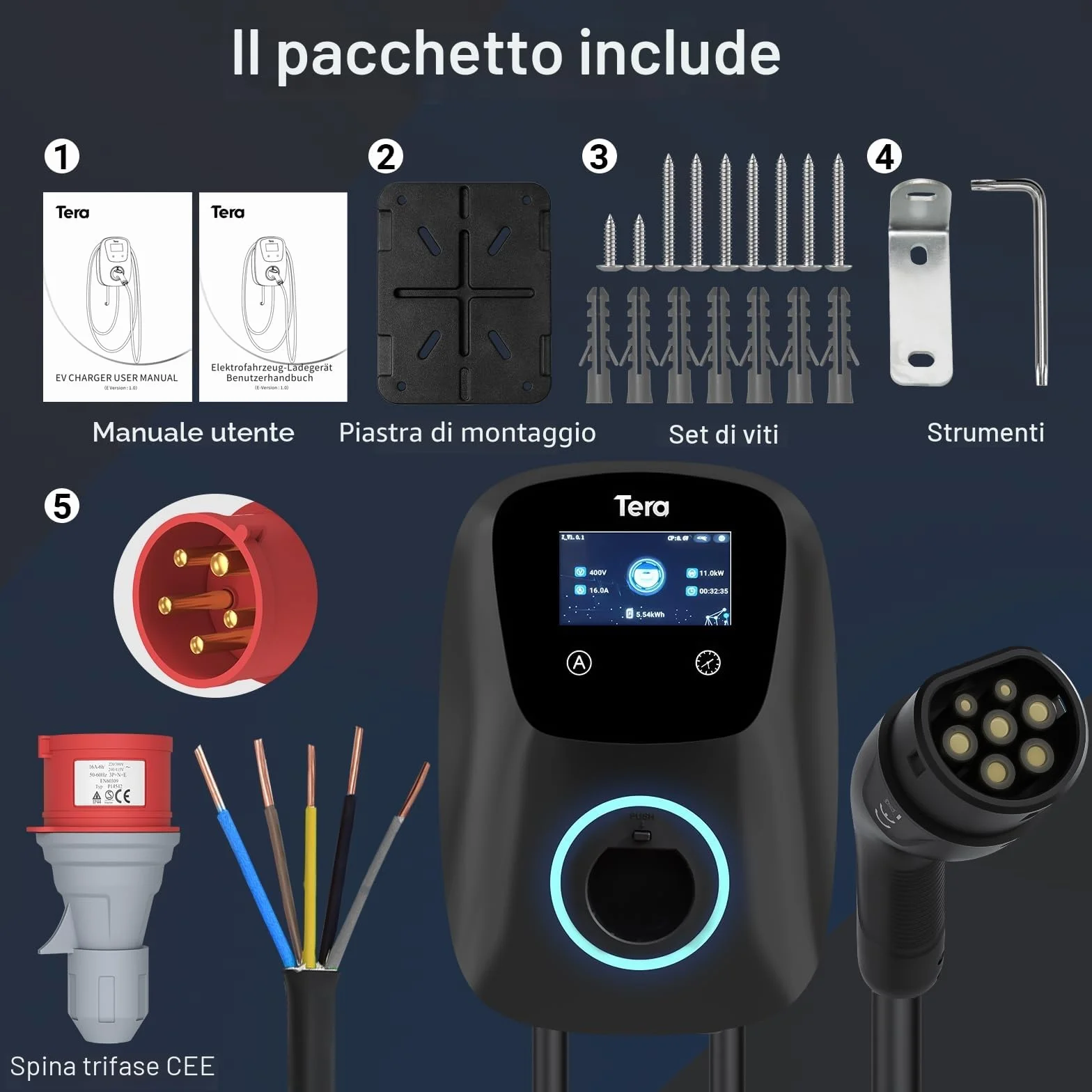 Tera Caricabatterie EV Tipo 2 11kW Certificato CE TüV App WLAN Bluetooth Cavo 7m Spina CEE Trifase Nero
