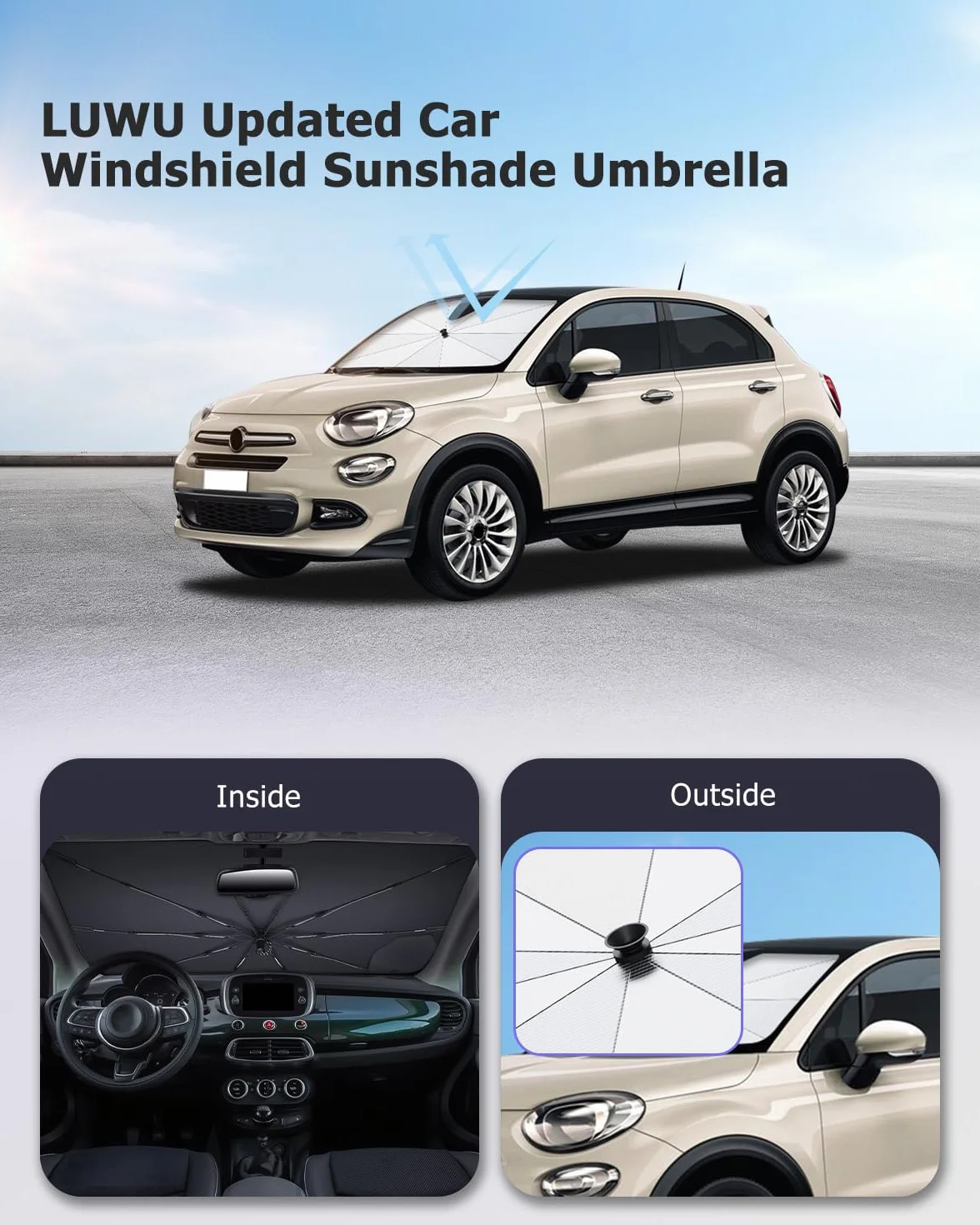 LUWU [Aggiornato] Ombrello Parasole Auto Compatibile con FIAT 500X 2015-2025 2026 Parabrezza Parasole Auto ad Ombrello Pieghevole per Parabrezza Anteriore Interno 500X Accessori