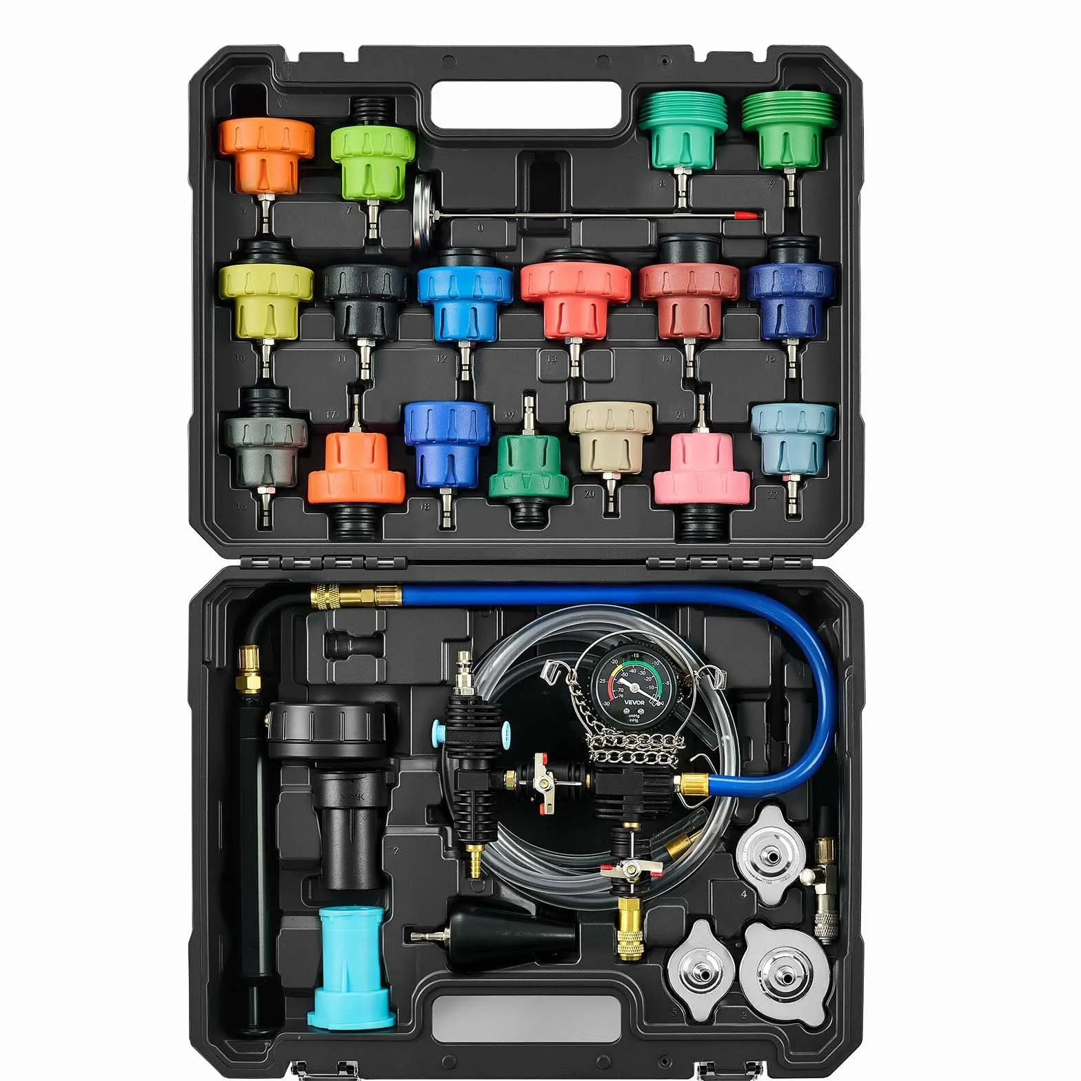VEVOR Kit di Tester Manometri per Sistema di Raffreddamento da 47 Pezzi, Kit per Prova di Pressione del Radiatore con 3 Adattatori in Metallo, Misura Universale, Strumento di Prova per Autoveicoli