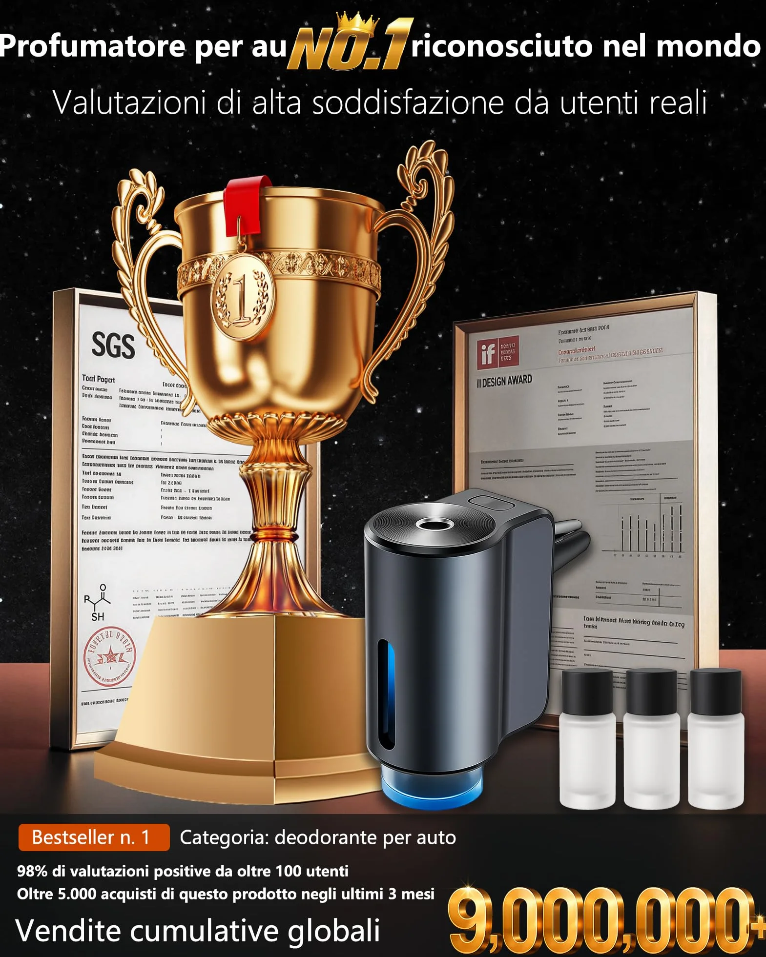 AI Profumatore Auto Diffusore CFK-3Z 3 fragranze Elettrico Nebulizzatore ad Ultrasuoni 3 Modalità Batteria Integrata