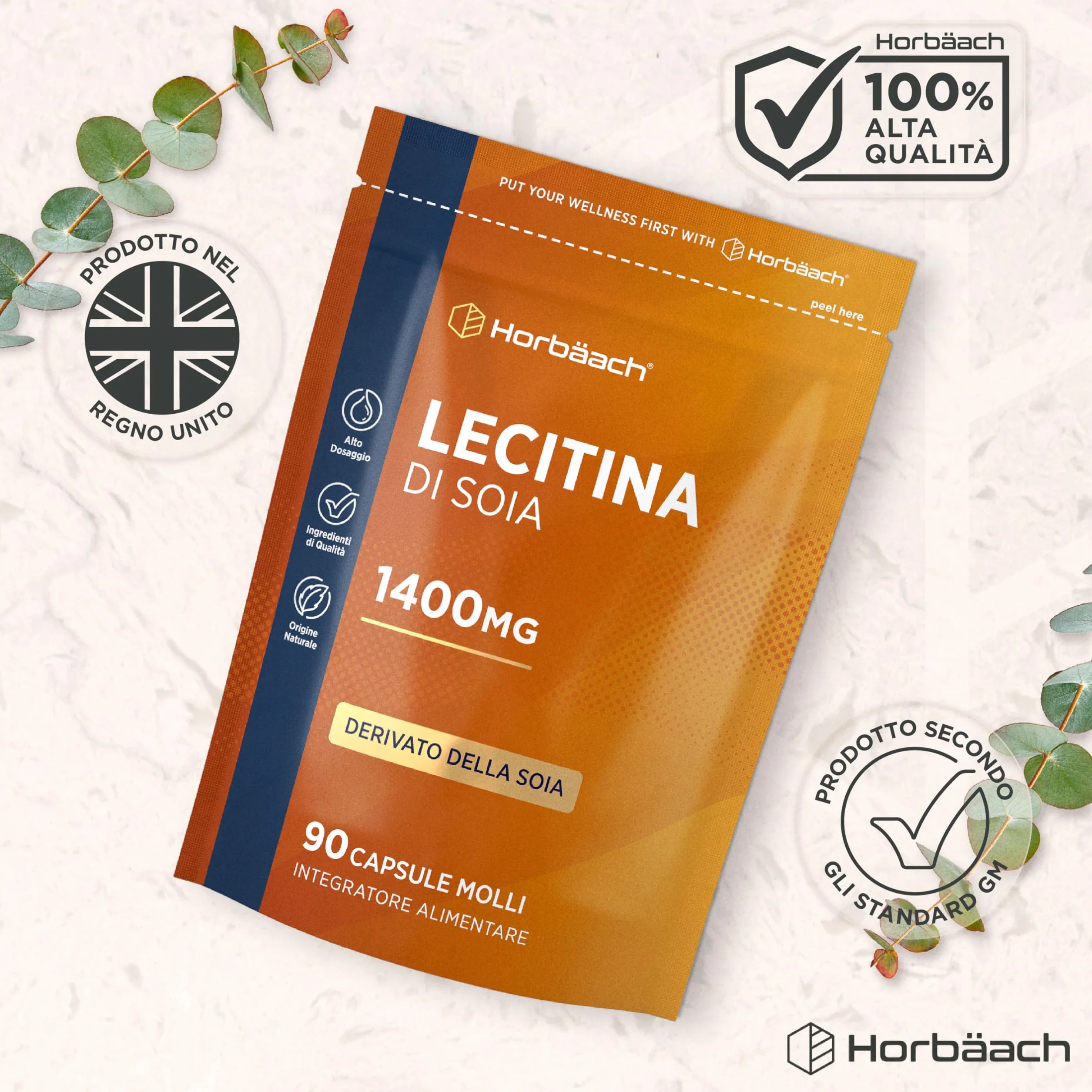 Lecitina di Soia Capsule 1400 mg 90 Capsule Molli Integratore Alimentare Horbaach