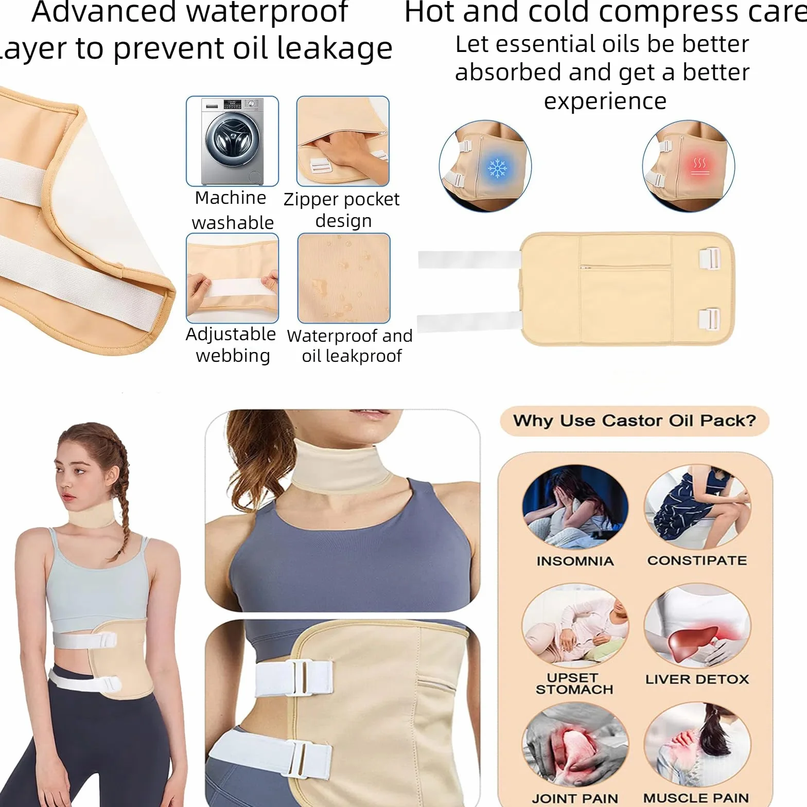 Kit Castor Oil Wrap 9 Pezzi Fascia Elastica Regolabile Olio di Ricino Organico Riutilizzabile
