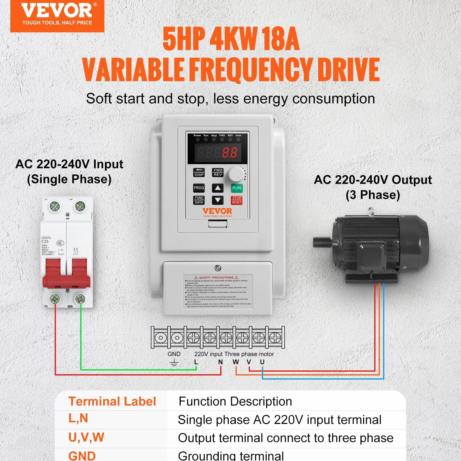 VEVOR Inverter Azionamento a Frequenza Variabile 4kW 5CV 18A 0-400Hz VFD Ingresso Monofase Uscita Trifase