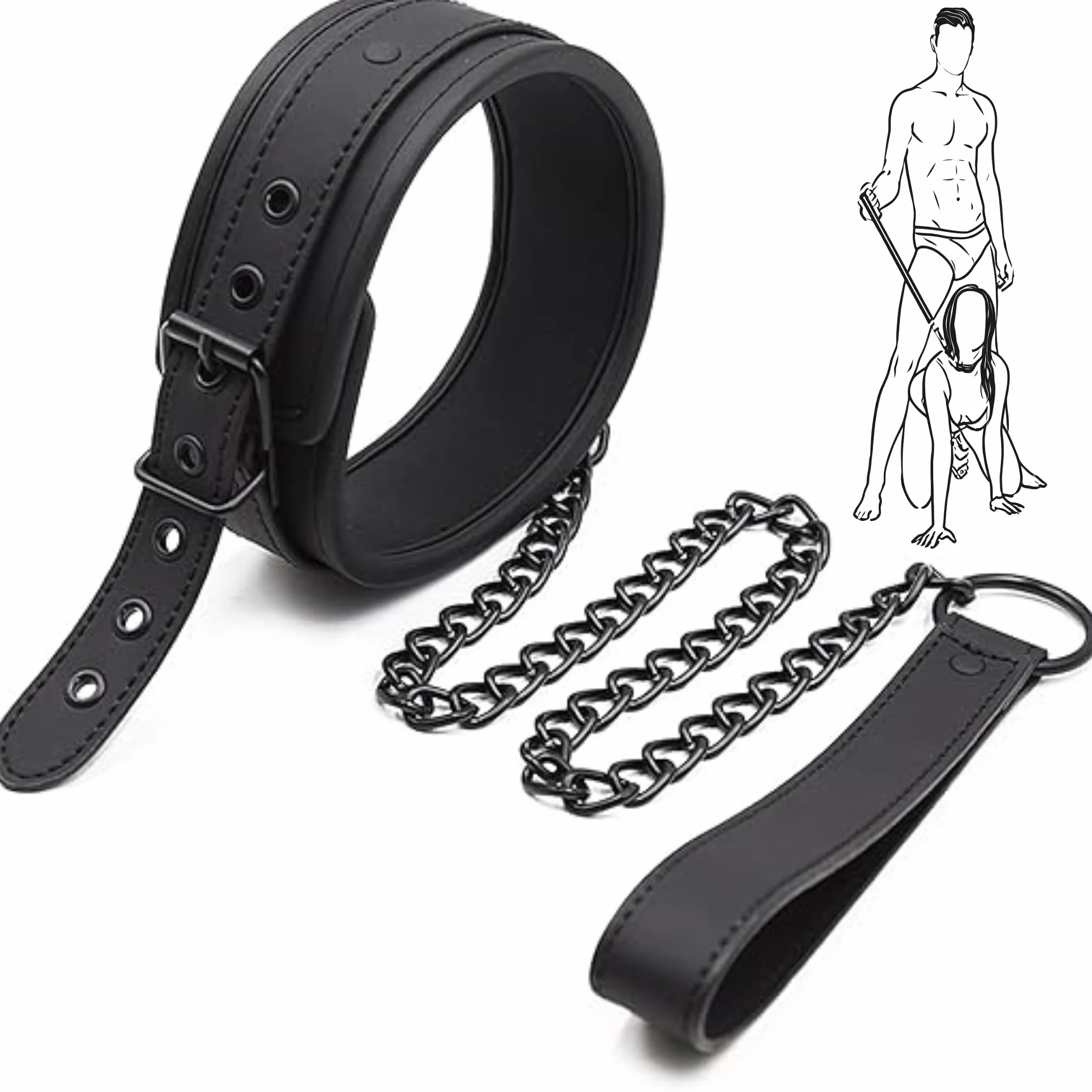 Collare BDSM Nero con Guinzaglio 60 cm Pelle Sintetica Regolabile per Adulti