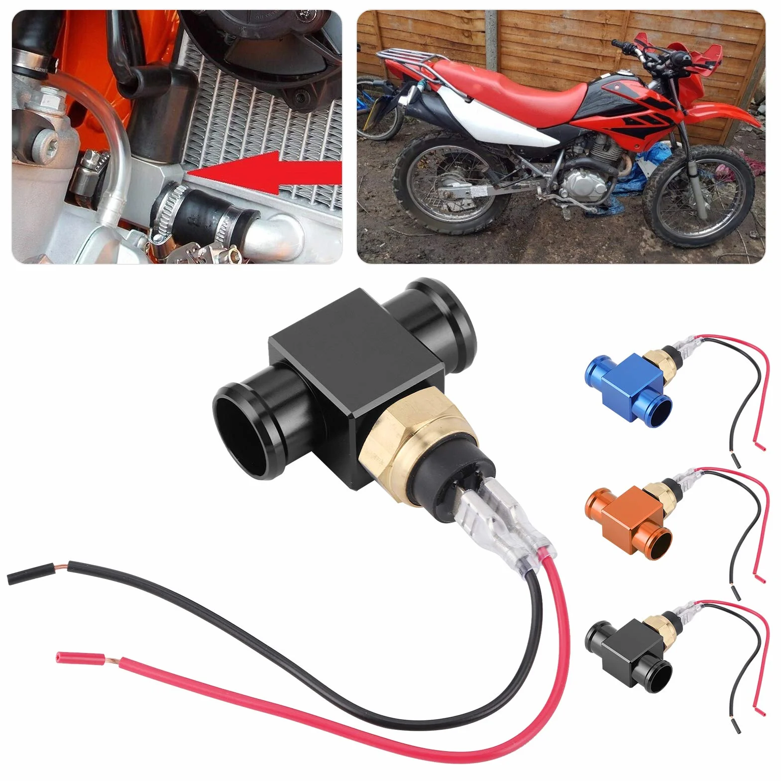 Interruttore di temperatura, termostato in lega di alluminio Interruttore temperatura acqua Radiatore Sensore temperatura ventola refrigerante Sensori temperatura per moto ATV Fuoristrada(nero)