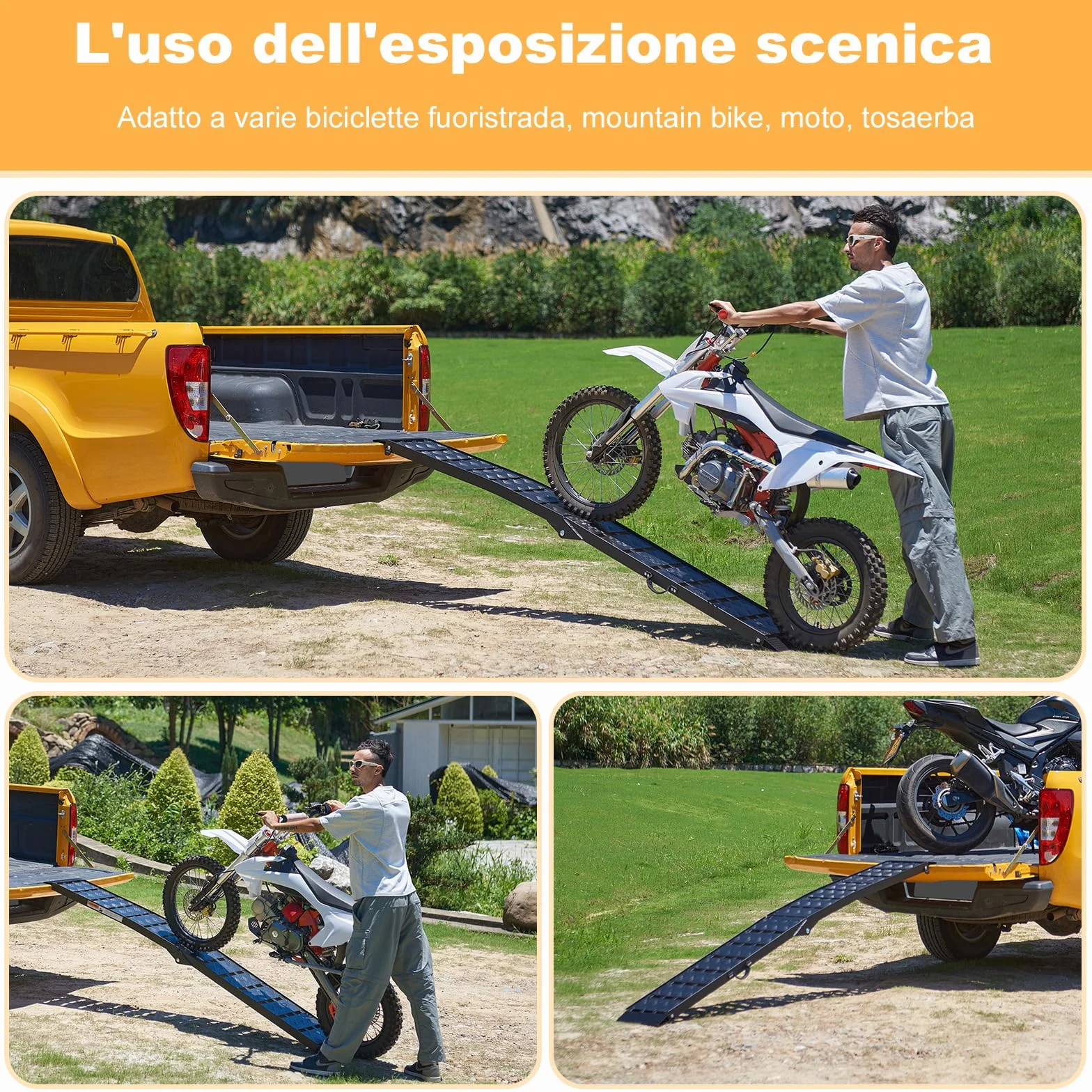 gardhom Rampa Moto Robusta Pieghevole 340Kg Alluminio Rampe per Auto Portatile 228X28X4.5cm Rampe Di Carico per Adatta A Tosaerba, Biciclette e Quad