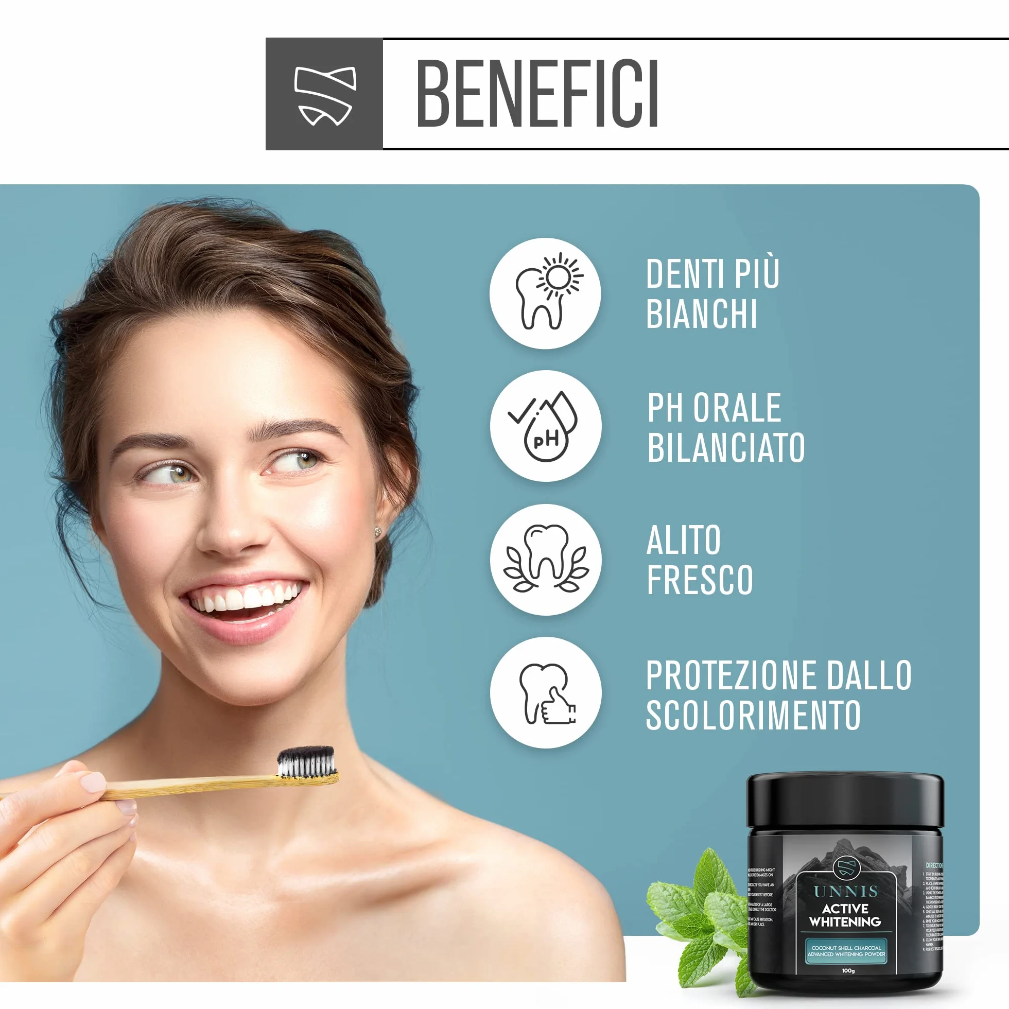 Polvere Sbiancante al Carbone per Denti, 100 g, Sbiancamento Naturale, Detox