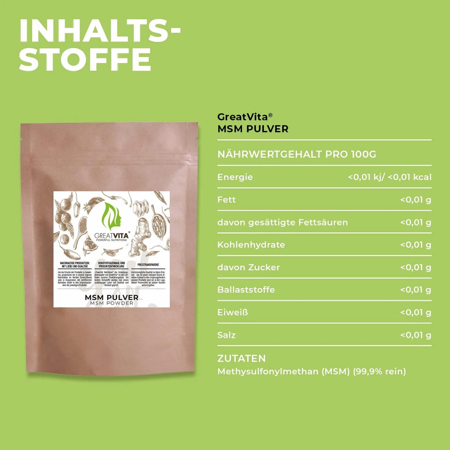 GreatVita MSM Polvere 400 g 99,9% metilsulfonilmetano polvere di zolfo organico senza additivi senza glutine nonOGM