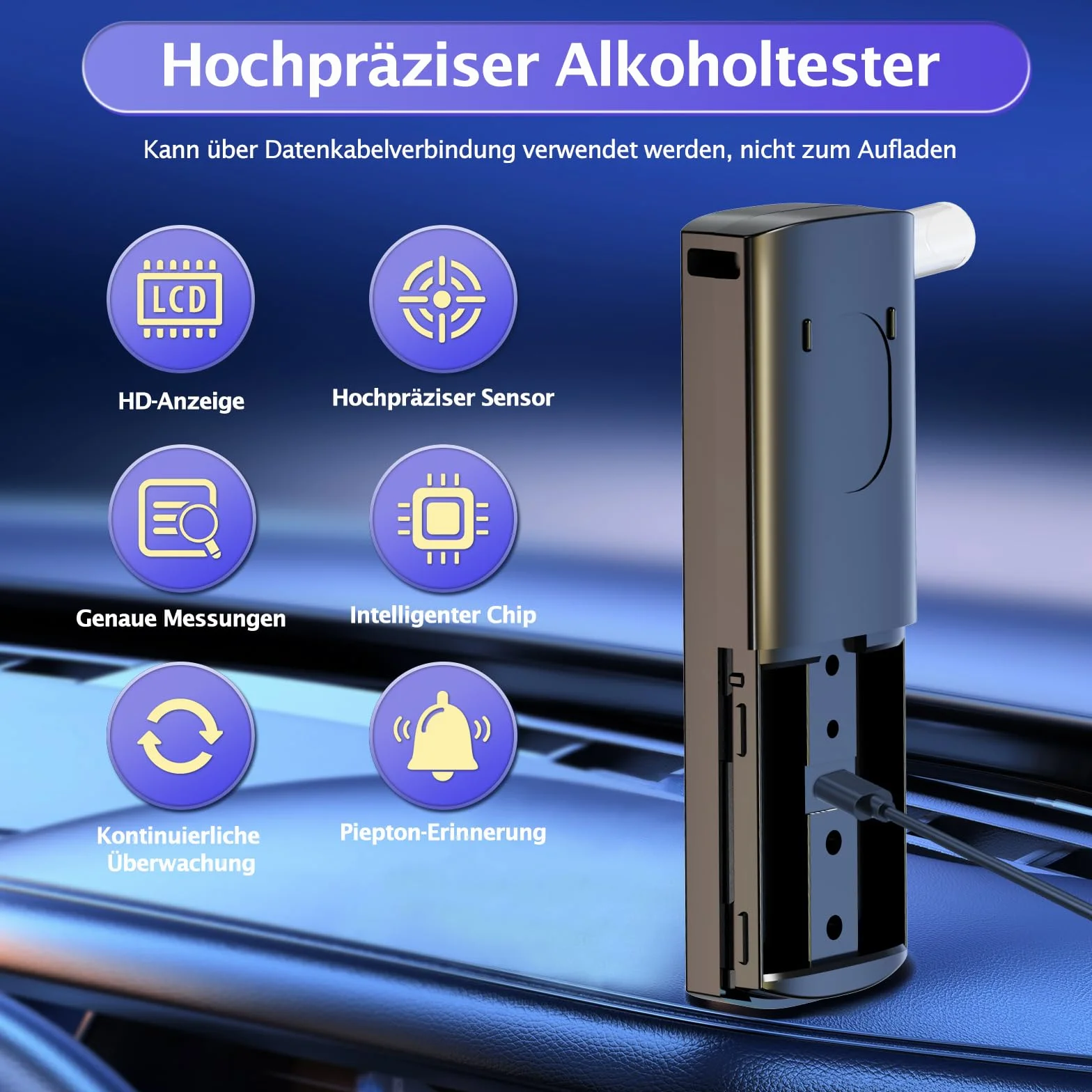 Etilometro Portatile Certificato Alcol Test Professionale Italiano con 11 Boccagli Schermo LCD Digitale Alta Precisione Nero