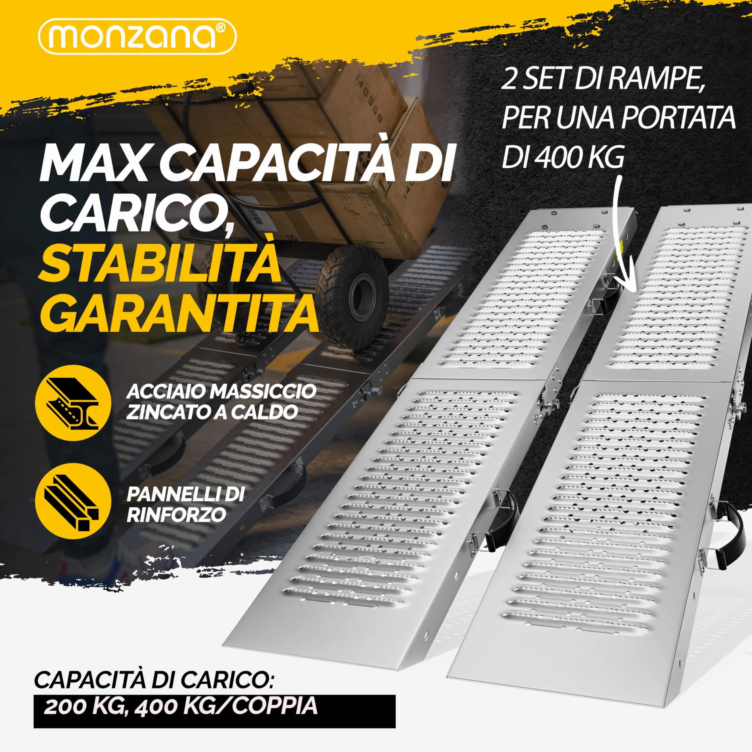 Monzana 2x Rampa di Carico Pieghevole Max. 400kg Acciaio Zincato Antiscivolo Pedane Moto Quad