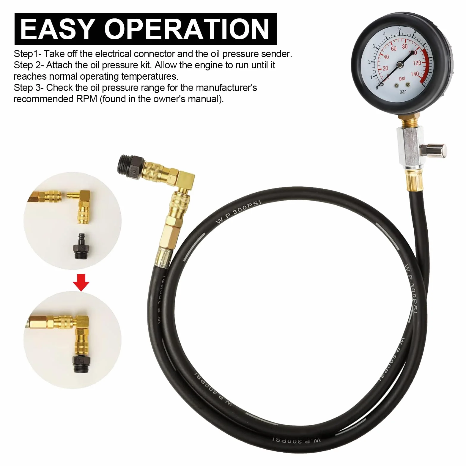 FreeTec Tester Pressione Olio, 0-140 PSI Manometro Pressione Olio Motore, Kit Misurazione Pressioni Oli, Attrezzo Prova Pressioni Oli Auto con Tubo e Adattatori per VW BMW Opel Ford Fiat (Rosso)