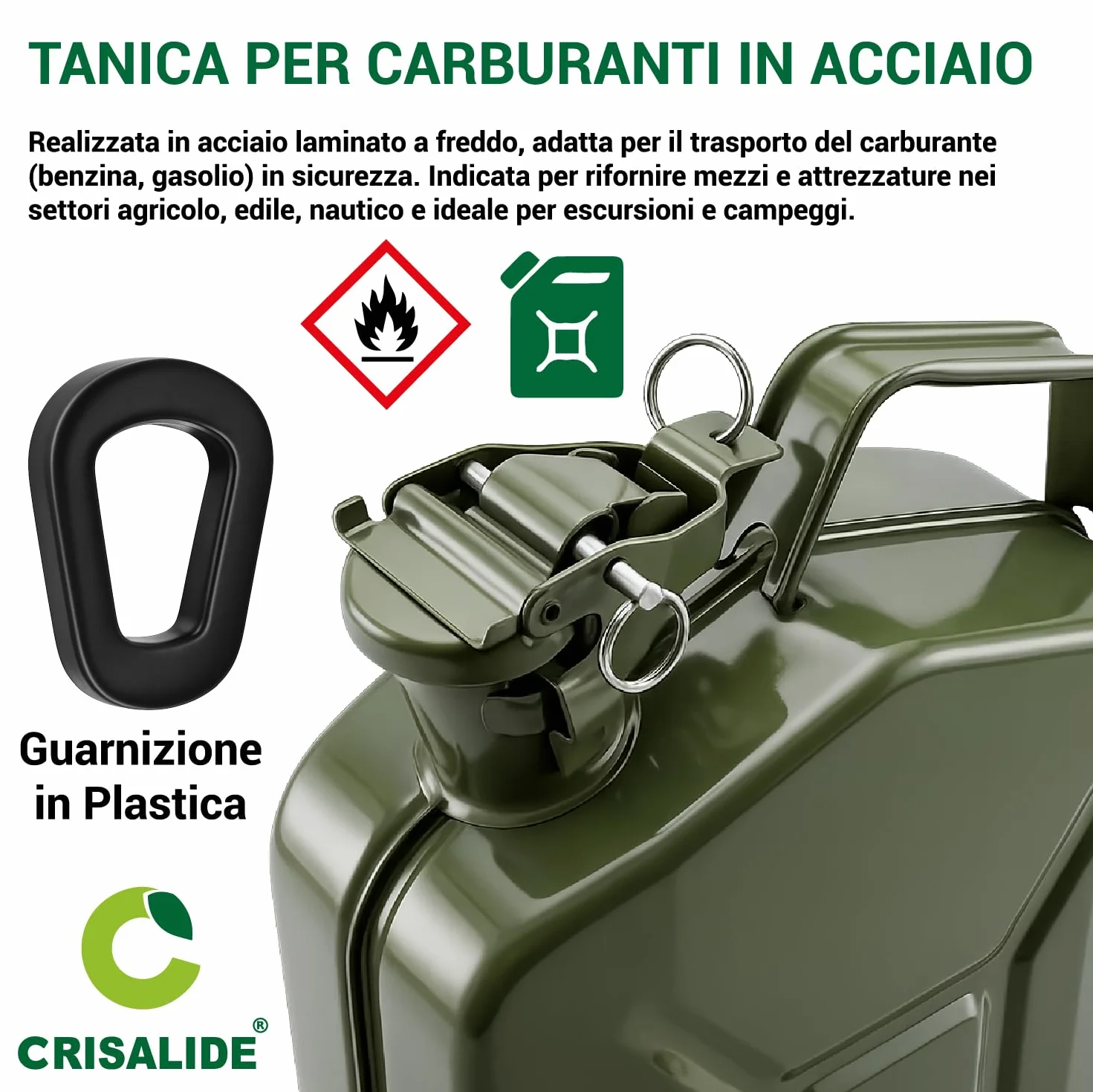 Crisalide Tanica Carburante Acciaio 20L Omologata Benzina Gasolio Antiruggine Chiusura Ermetica