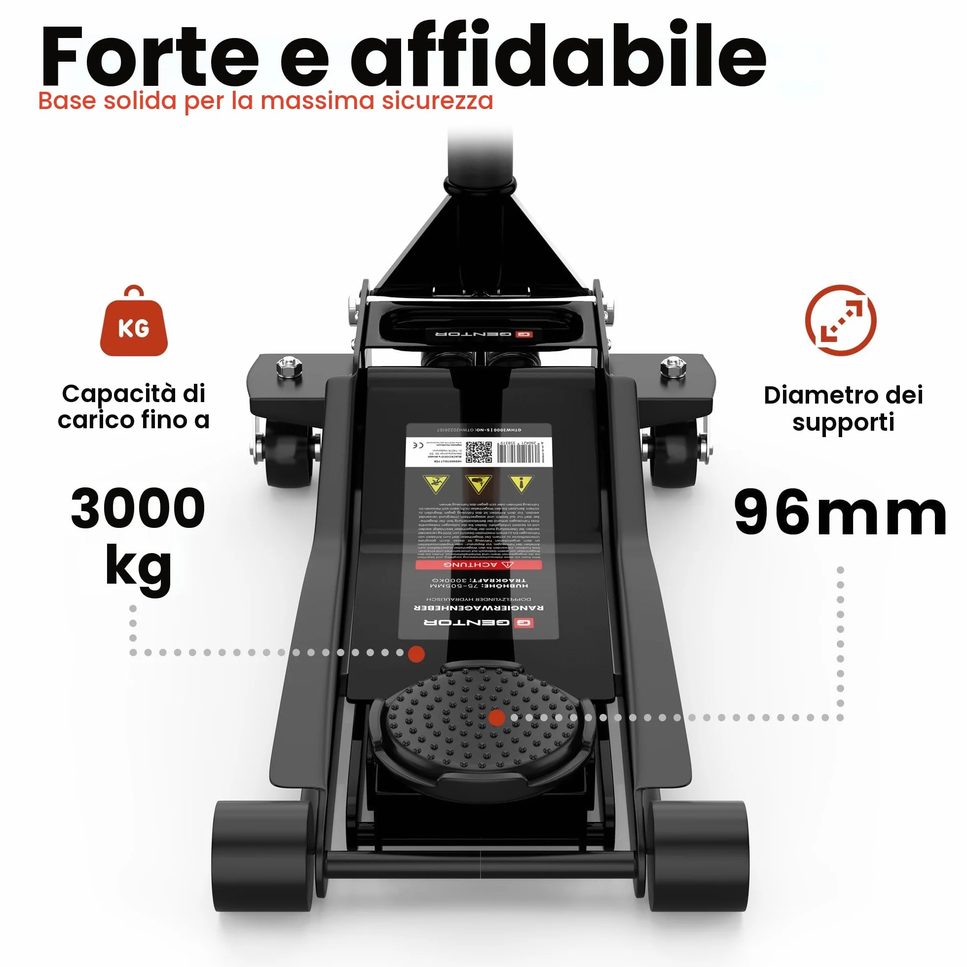 Cric Idraulico 3T 75 505 mm Professionale Auto SUV Sollevatore Pesante Ruote 360° Nero