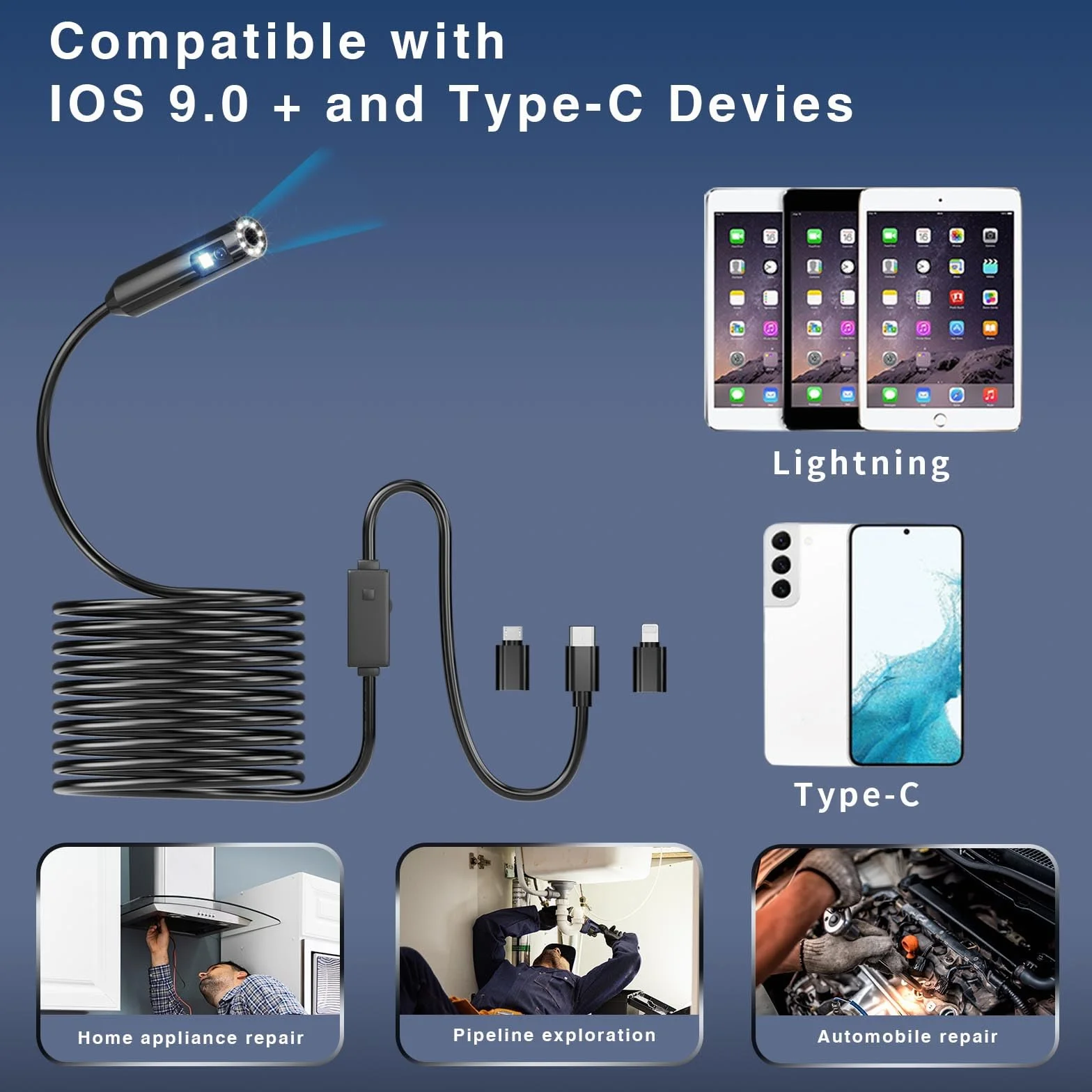 Telecamera Endoscopica Doppia Lente 1920P HD IP67 Sonda Impermeabile 5M Compatibile iOS Android