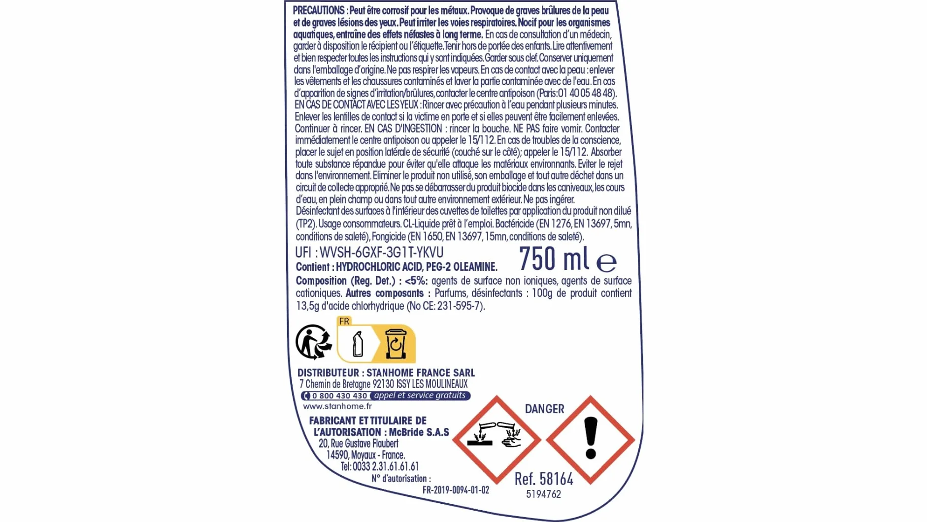 STANHOME Gel Disinfettante SANI-WC 750 ml