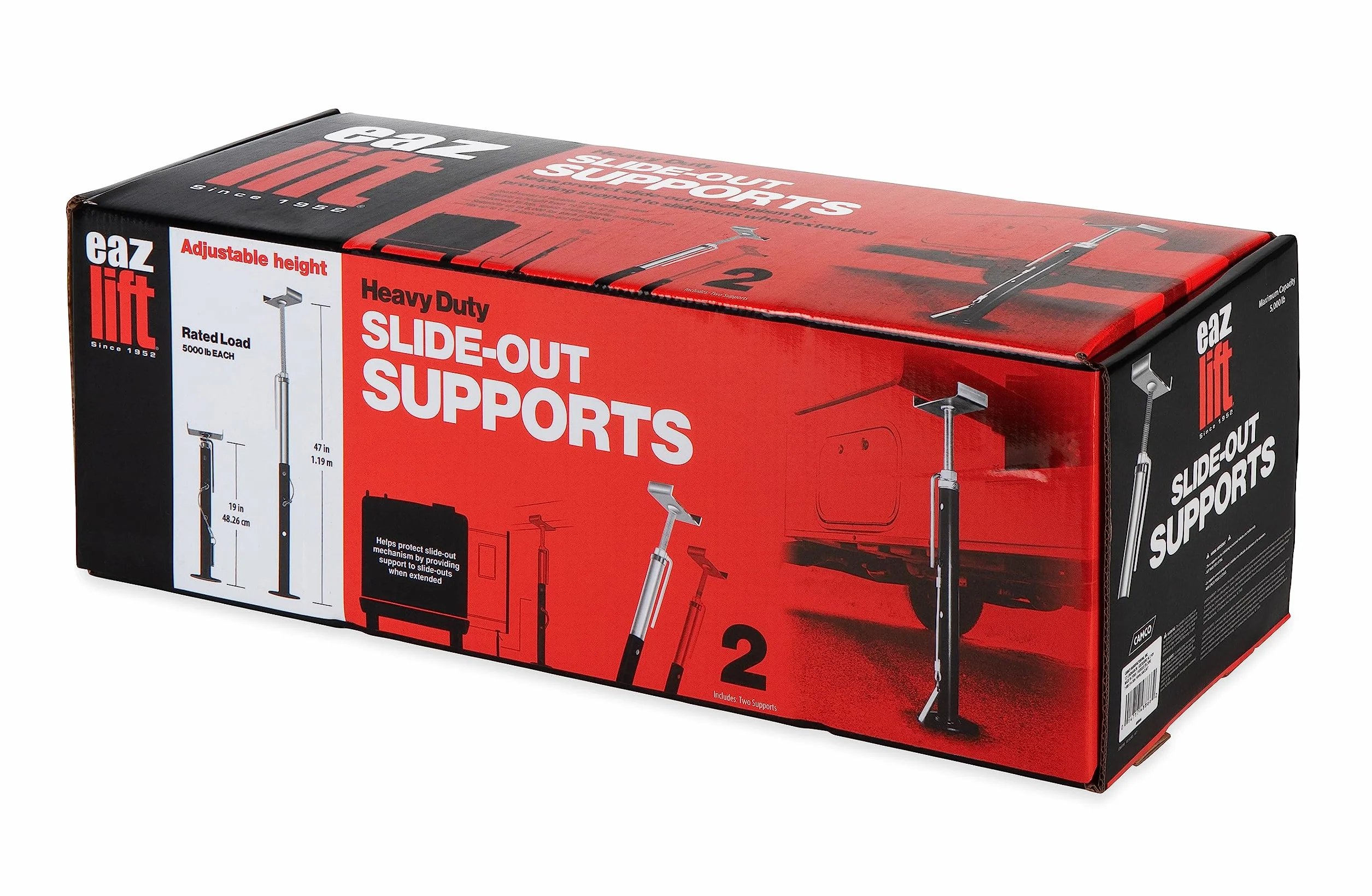 Camco Eaz-Lift - Supporti scorrevoli per camper, in acciaio resistente, altezza regolabile da 48,3 cm a 119,4 cm, con posizioni di blocco incrementali, supporta fino a 2,3 t ciascuno, set da 2 (48866)