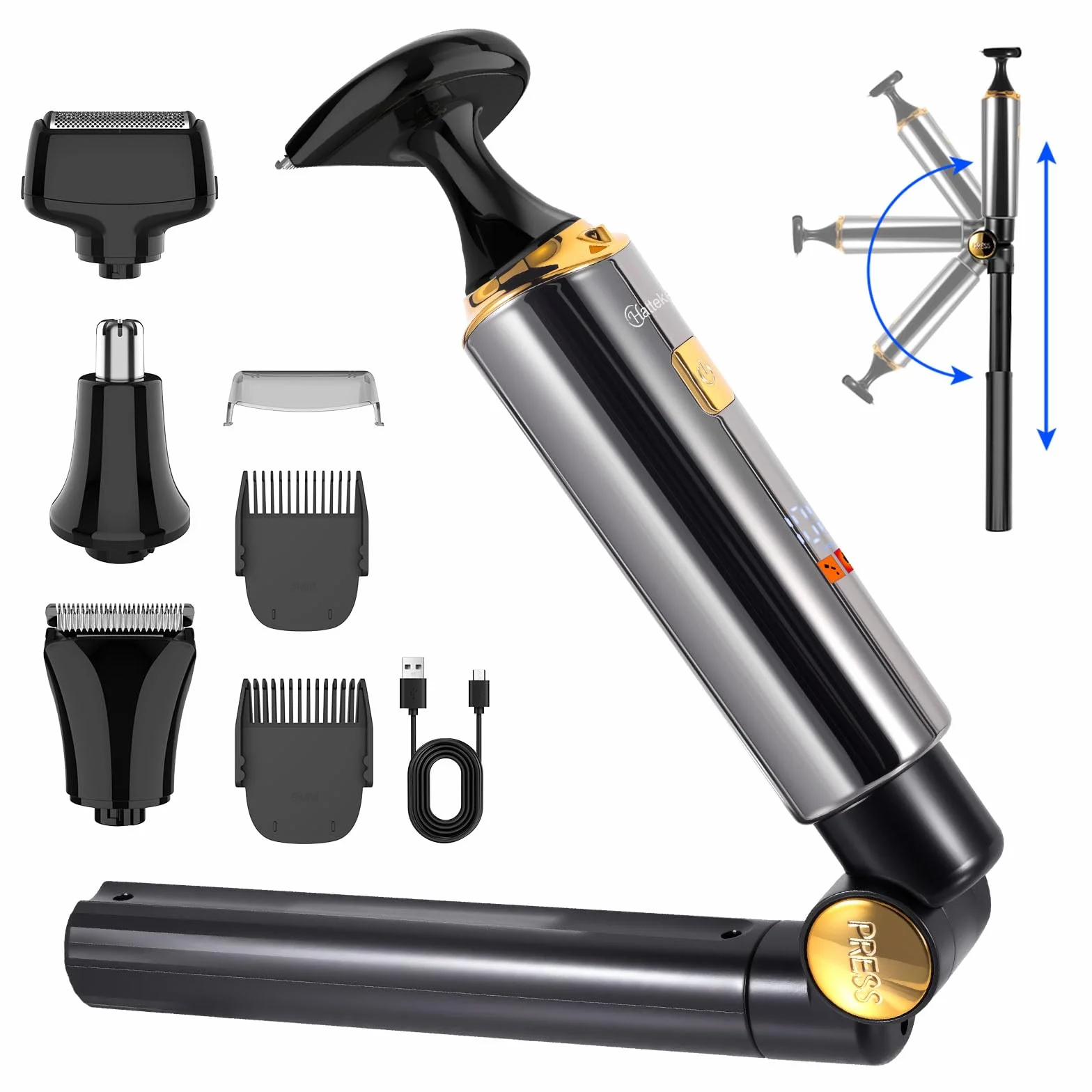 Hatteker Rasoio elettrico da uomo 4 in 1 impermeabile con braccio ausiliario allungabile