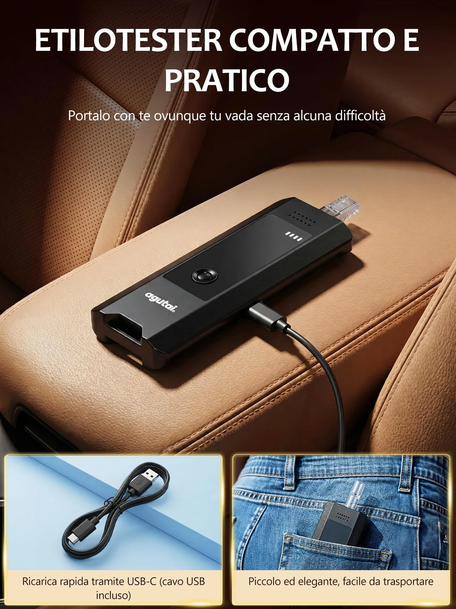 Etilometro Portatile Certificato Alcol Test Professionale con Display LCD USB C 10 Bocchini