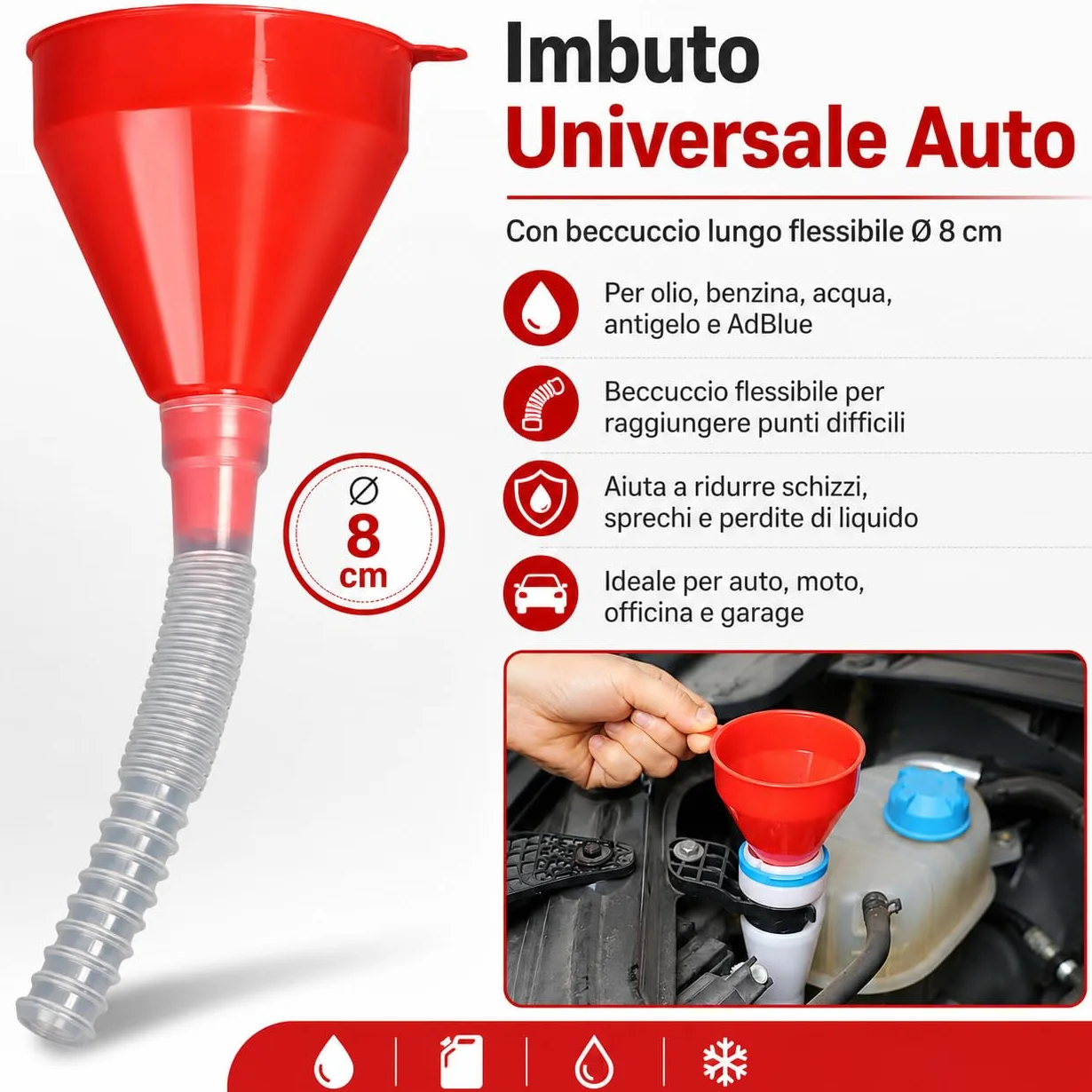 Imbuto Universale Auto con Beccuccio Lungo Flessibile Ø8 cm – per Olio, Benzina, Acqua, Antigelo, AdBlue