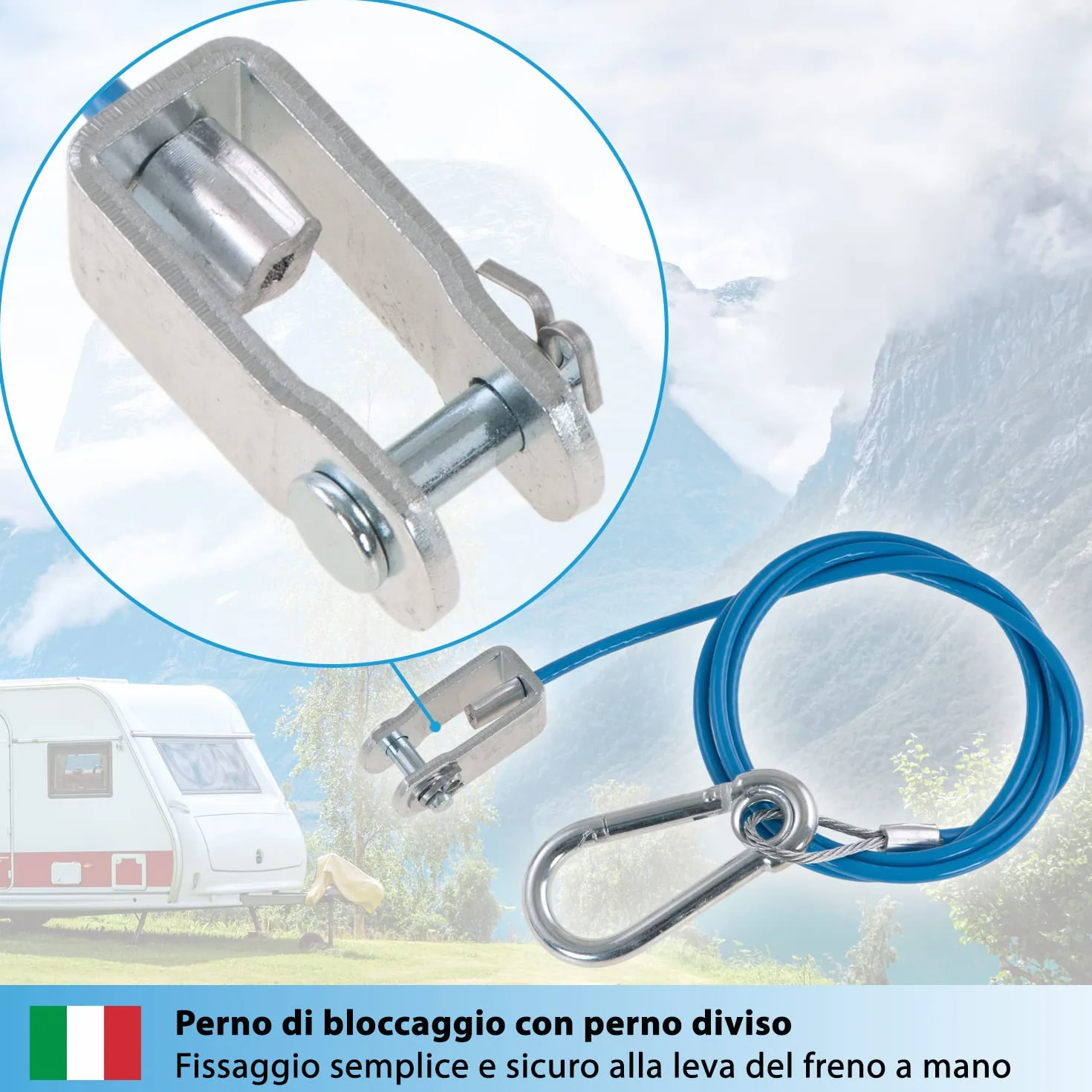 Cavo di sicurezza per rimorchi e caravan 1 m 250 kg blu con moschettone e testa a forcella