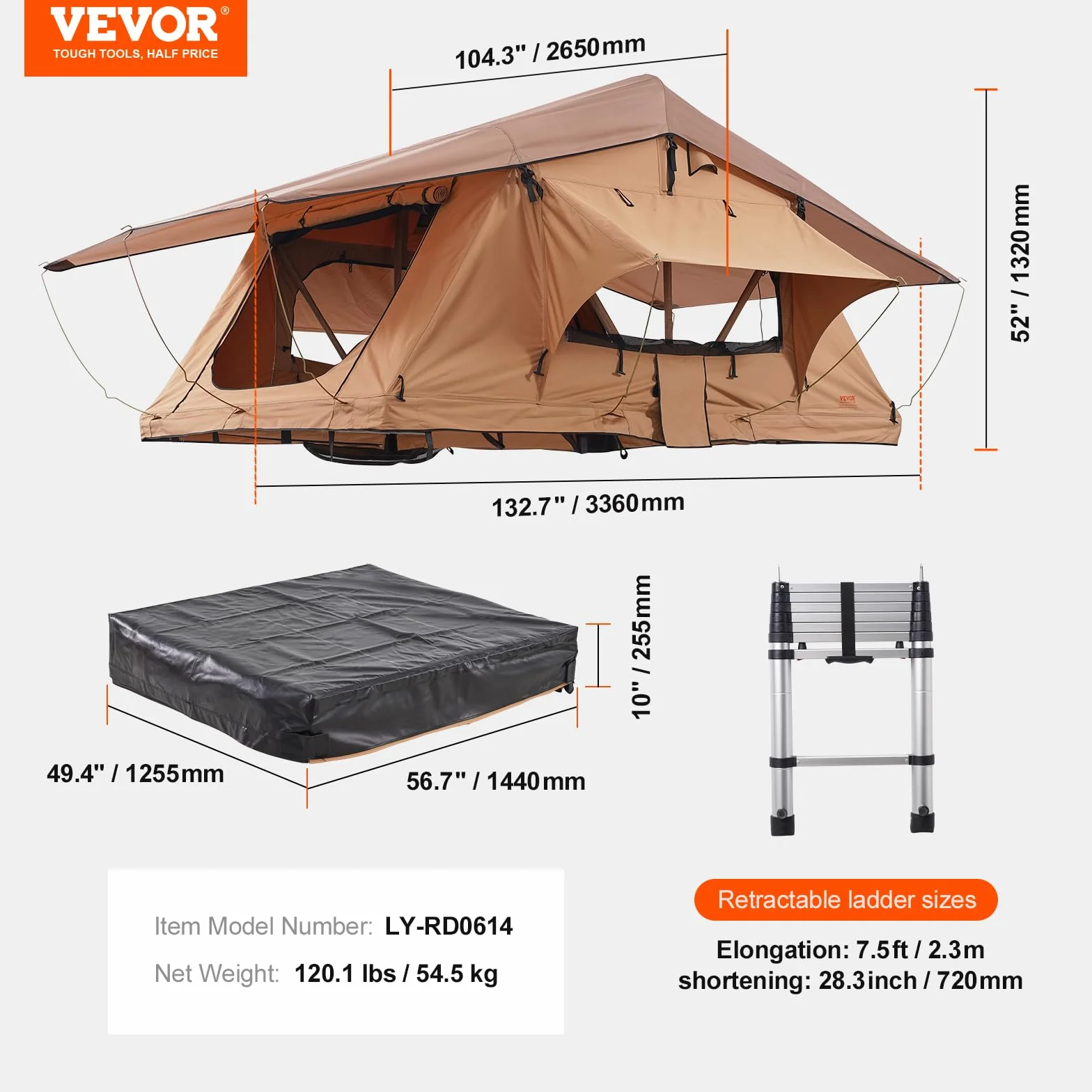 VEVOR Tenda da Tetto Rigida Naturnest Pieghevole 2-3 Persone Impermeabile con Scala Telescopica e Materasso