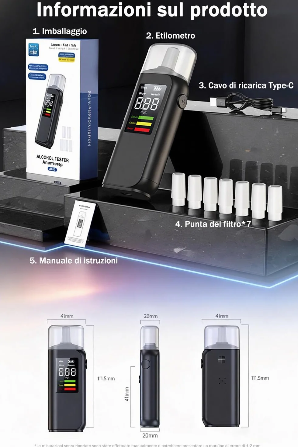 Etilometro Portatile Certificato CE, Alcol Test con Display Schermo LED, Alta precisione, Ricarica Type-C, Due metodi di Prova, con 8 bocchette, per Uso Personale Famiglia e Professionale