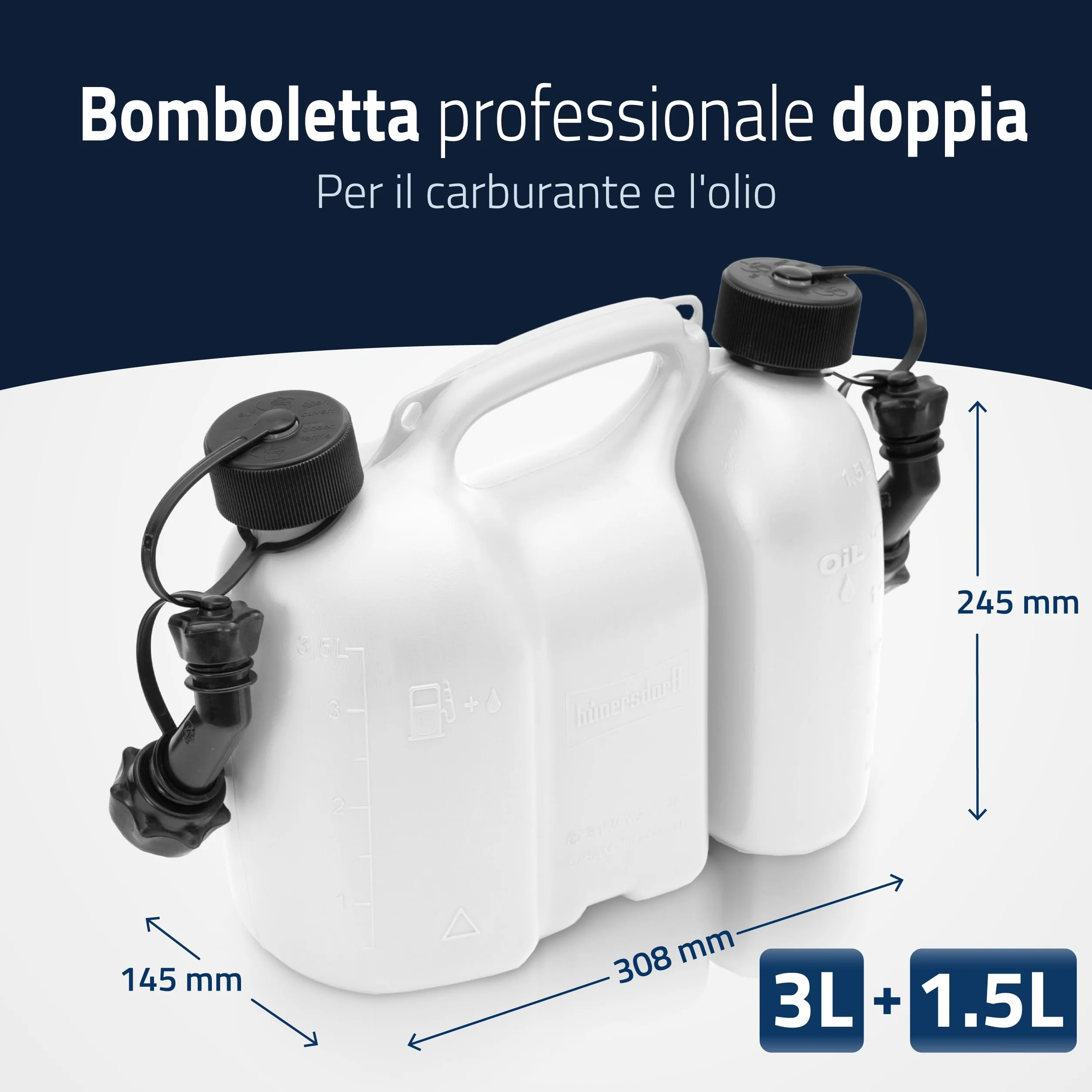 hünersdorff Bidoni combinati per carburante ed olio 3+1,5 litri UN omologazione Made in Germany bianco