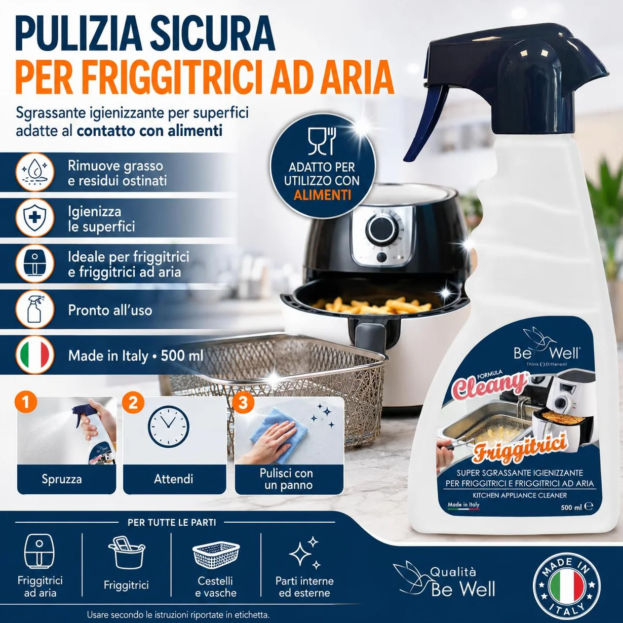 CLEANY Detergente Professionale Spray per Friggitrici, Sgrassante Igienizzante, 500 ml, Made in Italy